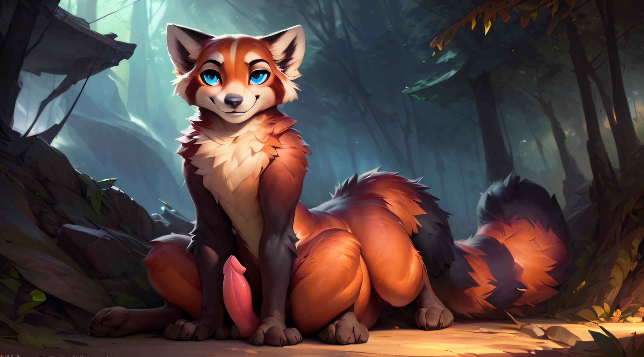 uploaded the e621, by Pixelsketcher, by Bayard Wu, by Thomas Benjamin Kennington , by Einshelm, solo (((wild))), red panda ((taur)) with (fluffy tail) and ((light navy blue eyes)), male, ((only)) male, ((male only)), (bulky chest)), ((fluffy neck)), ((portrait)), (detailed Bonifasko lighting), (detailed skin), (cinematic lighting), (detailed background)), [twilight ray], [detailed ambient light], [ambient light on belly],  (greater wildlife detail of wildlife), [explicit content], [sharp focus], (questionable content), front view, sitting, artistic genitalia, (shading), fluffy tail, relaxed tail, fluffy tail, ((masterpiece)), (detailed skin), ((detailed skin), ((seductive smile)), dynamic pose, (((seductive pose)), erect member, erect, erect, large and thick size