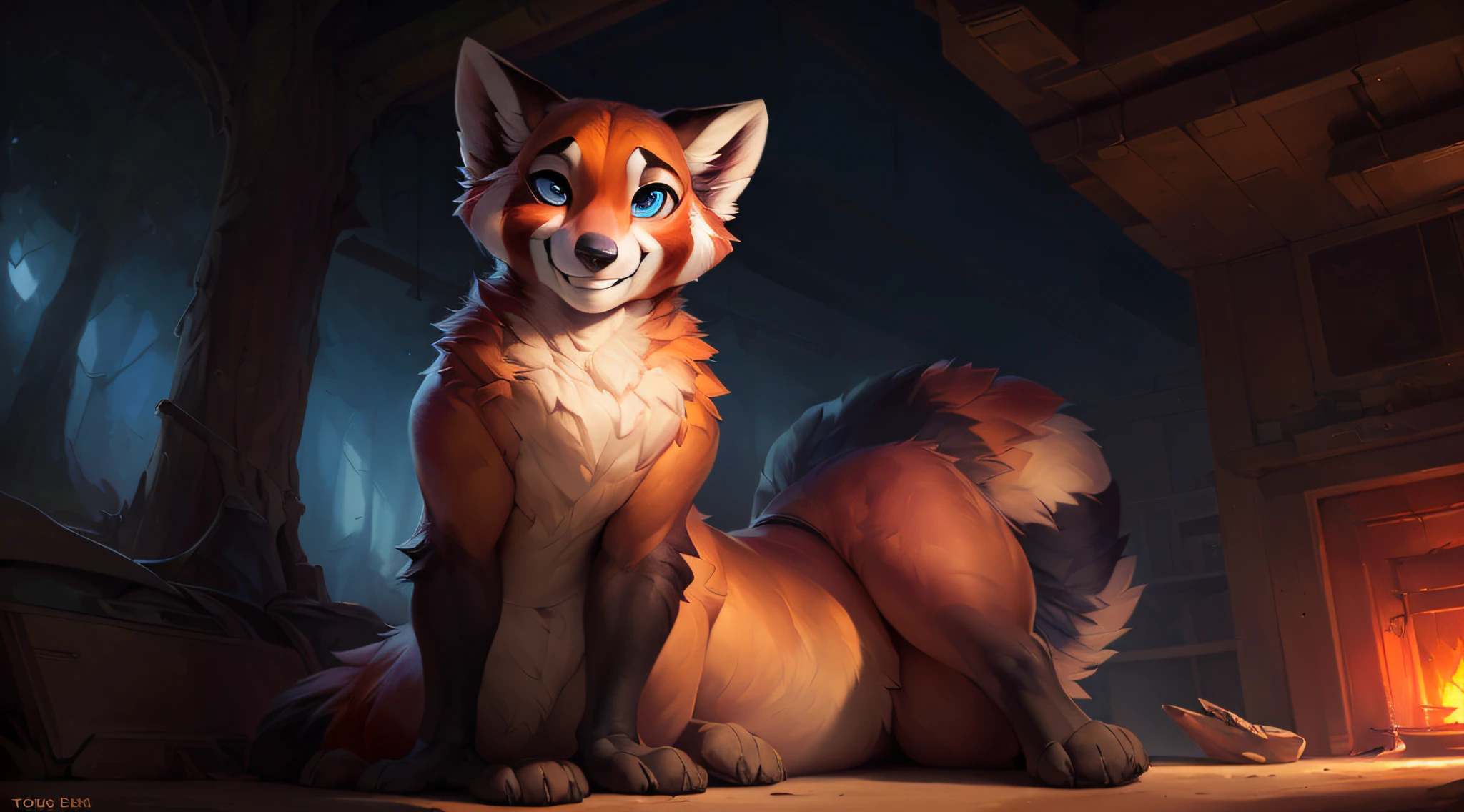 uploaded the e621, by Pixelsketcher, by Bayard Wu, by Thomas Benjamin Kennington , by Einshelm, solo (((wild))), red panda ((taur)) with (fluffy tail) and ((light navy blue eyes)), male, ((only)) male, ((male only)), (bulky chest)), ((fluffy neck)), ((portrait)), (detailed Bonifasko lighting), (detailed skin), (cinematic lighting), (detailed background)), [twilight ray], [detailed ambient light], [ambient light on belly],  (greater wildlife detail of wildlife), [explicit content], [sharp focus], (questionable content), front view, sitting, artistic genitalia, (shading), fluffy tail, relaxed tail, fluffy tail, ((masterpiece)), (detailed skin), ((detailed skin), ((seductive smile)), dynamic pose, (((seductive pose)), erect member, erect, erect, large and thick size