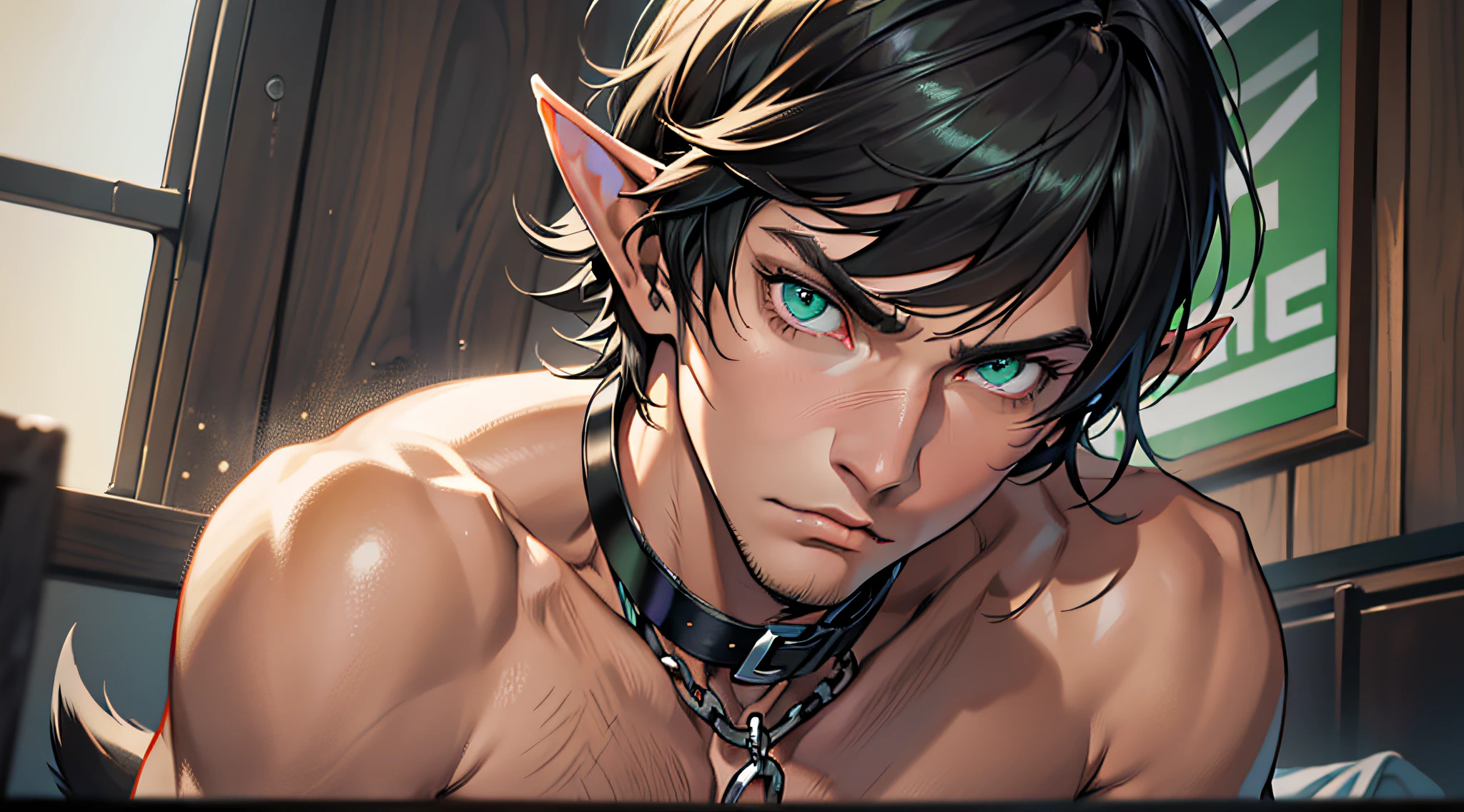 (absurdres, highres, ultra detailed), 1 male, elf adult, handsome, tall slender guy, narrow shoulders, finely detailed eyes and detailed face, messy shaggy black hair, side bangs, bangs, green eyes, sexy twink, shirtless, final fantasy 14, dog collar, pouty expression, narrow eyes