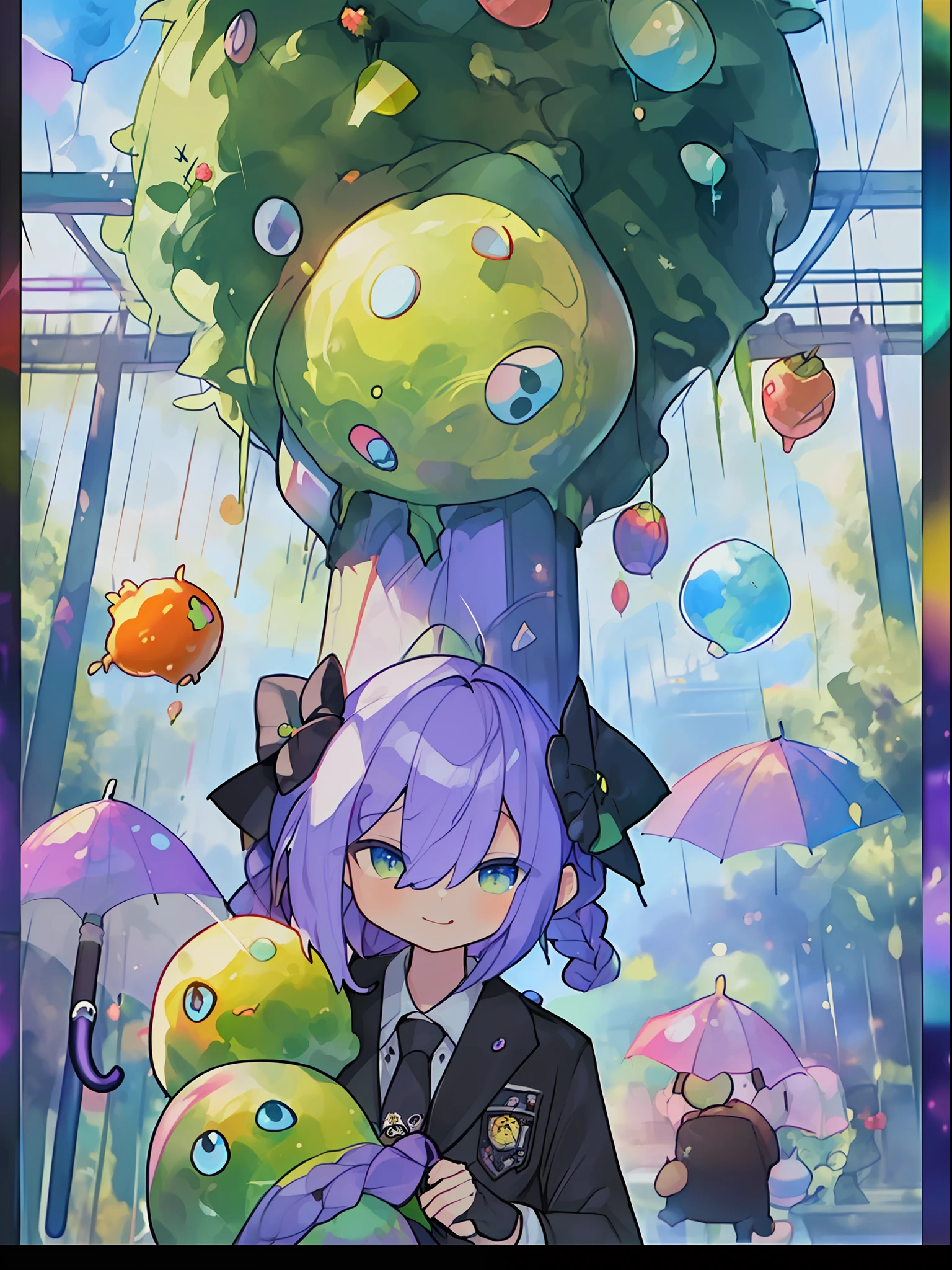 ((((umbrella with drawings inside, hairstyle with purple hair and green coloring, braids, portrait of upper body))), large eyes, drooping eyes, bright expression, height 165 cm, scale 1/20, light and shadow of Sertefan, illustration using the Octane renderer, cartoon-style illustrations on a child's theme featuring characters, fantasy RPG atmosphere, Originality that attracts the attention of the audience, illuminated with warm color scheme, soft, high-quality images, details, accurate depiction, impressive poses and interesting activities, Mutsuki Conworks, highly detailed facial details, unique character design, anime-style boy, medium hair long, cherry pink-red hair color, blue eyes, not an ugly face, five fingers, symmetricalSkin color like marble, not ugly body, two arms, two legs, game clothes, game gloves, game boots, Caucasian, background long shot, (、、、、、、、 anime,、,、,、,、,、,- style boy, masterpiece: 1.5)), watercolor ink Original drawing, story movie, movie, manga illustration, cute, adorable, detailed photo realistic, wallpaper pencil drawing, eyelashed eyes, Dark Blue Moon, Pan Closet, Cyber, Virtual Reality, 2 Boys, 1 Butler Android, 1 chatGPT, Giant Yellow Fruit, World Tree, (((Ship)), Lanlanlu, Chic, Butler Who Can't Stop Ringing Tongue, 77777, Bonanza, Dancing Props, Fruits Wrapped in Yellow Translucent Outlines, Kowloon World Tree Reaching Dome Ceiling, towering over 20 at 0 meters, Worm virus, roots of giant trees along the coastline, big slime, (running debugging, operating applications, viruses, error sounds), handshake, surface tension of fruits, (competing emulators, range, Robert Robert, virtual reality, high-tech, competition, clones, android,,), blue Kowloon star, dome world, slime fruit, scattered flowers, bear fruit, transformation, green vine-like tendrils, countless feathers sprouting from the skin, Kowloon world tree with huge yellow fruits, proliferation life of the roots of giant trees that move like octopus tentacles and disguised as o