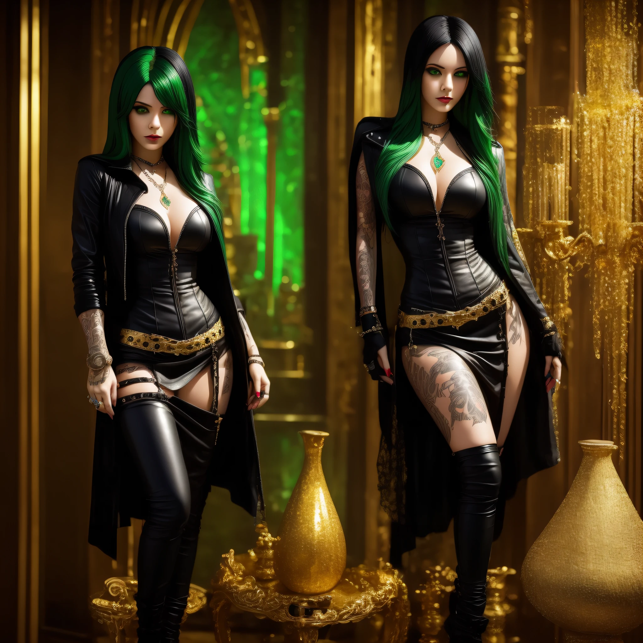 a woman alone, straight black hair, inner body in picture, posing for photo, a woman, full body, green hair, gothic style clothing, (leather dress), silver and gold detail, diamond necklace