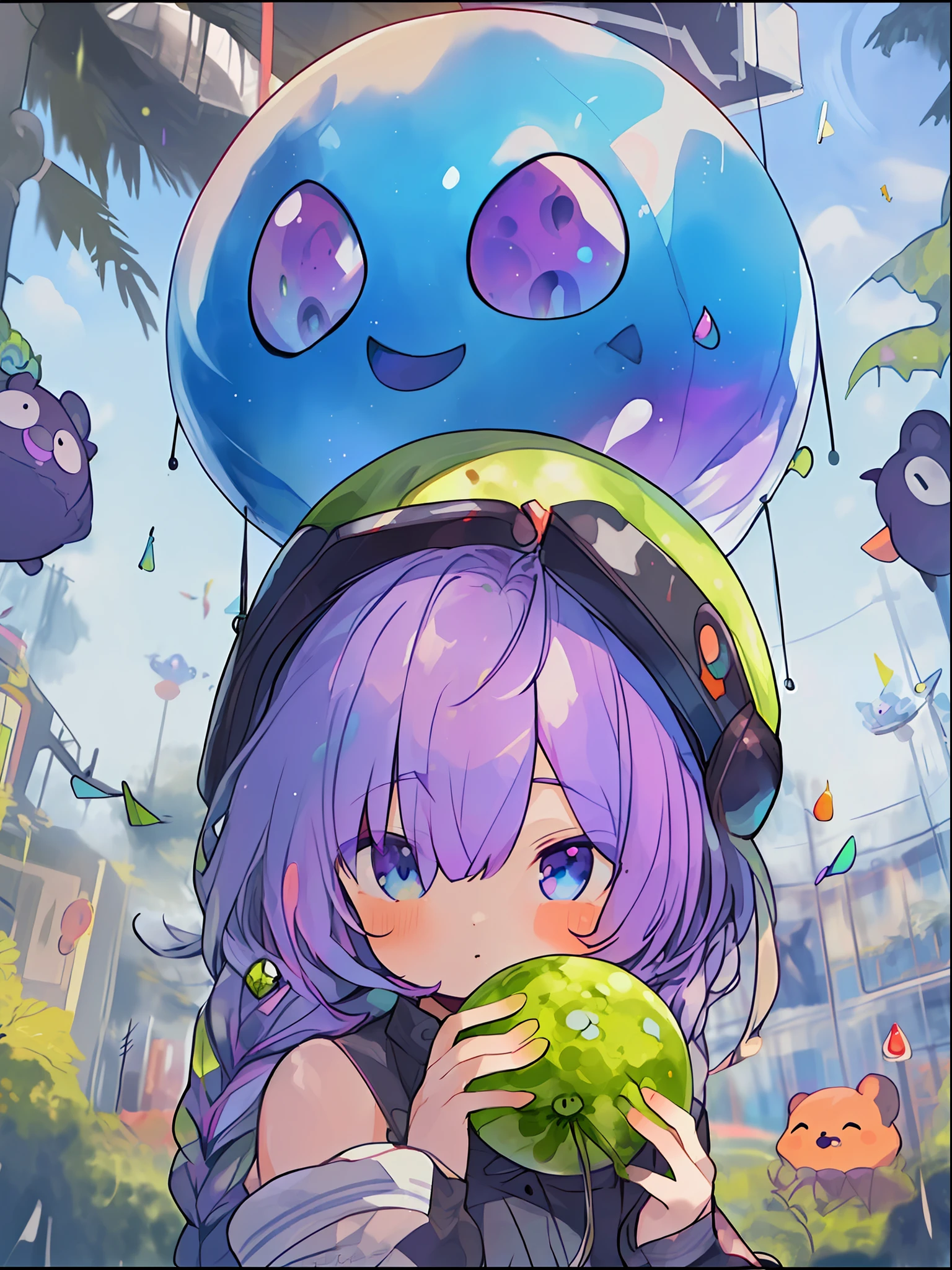 ((((umbrella with drawings inside, hairstyle with purple hair and green coloring, braids, portrait of upper body))), large eyes, drooping eyes, bright expression, height 165 cm, scale 1/20, light and shadow of Sertefan, illustration using the Octane renderer, cartoon-style illustrations on a child's theme featuring characters, fantasy RPG atmosphere, Originality that attracts the attention of the audience, illuminated with warm color scheme, soft, high-quality images, details, accurate depiction, impressive poses and interesting activities, Mutsuki Conworks, highly detailed facial details, unique character design, anime-style boy, medium hair long, cherry pink-red hair color, blue eyes, not an ugly face, five fingers, symmetricalSkin color like marble, not ugly body, two arms, two legs, game clothes, game gloves, game boots, Caucasian, background long shot, (、、、、、、、 anime,、,、,、,、,、,- style boy, masterpiece: 1.5)), watercolor ink Original drawing, story movie, movie, manga illustration, cute, adorable, detailed photo realistic, wallpaper pencil drawing, eyelashed eyes, Dark Blue Moon, Pan Closet, Cyber, Virtual Reality, 2 Boys, 1 Butler Android, 1 chatGPT, Giant Yellow Fruit, World Tree, (((Ship)), Lanlanlu, Chic, Butler Who Can't Stop Ringing Tongue, 77777, Bonanza, Dancing Props, Fruits Wrapped in Yellow Translucent Outlines, Kowloon World Tree Reaching Dome Ceiling, towering over 20 at 0 meters, Worm virus, roots of giant trees along the coastline, big slime, (running debugging, operating applications, viruses, error sounds), handshake, surface tension of fruits, (competing emulators, range, Robert Robert, virtual reality, high-tech, competition, clones, android,,), blue Kowloon star, dome world, slime fruit, scattered flowers, bear fruit, transformation, green vine-like tendrils, countless feathers sprouting from the skin, Kowloon world tree with huge yellow fruits, proliferation life of the roots of giant trees that move like octopus tentacles and disguised as o