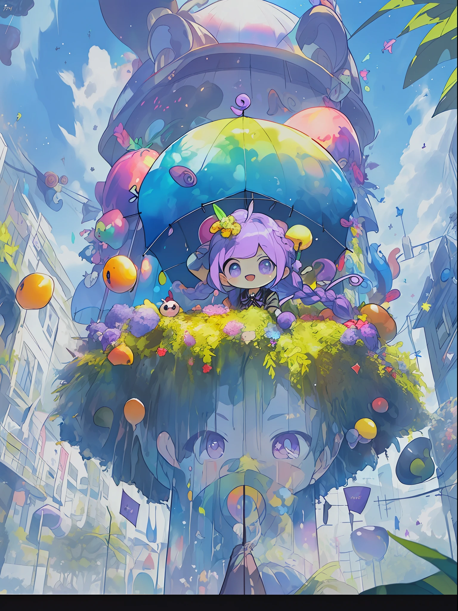 ((((umbrella with drawings inside, hairstyle with purple hair and green coloring, braids, portrait of upper body))), large eyes, drooping eyes, bright expression, height 165 cm, scale 1/20, light and shadow of Sertefan, illustration using the Octane renderer, cartoon-style illustrations on a child's theme featuring characters, fantasy RPG atmosphere, Originality that attracts the attention of the audience, illuminated with warm color scheme, soft, high-quality images, details, accurate depiction, impressive poses and interesting activities, Mutsuki Conworks, highly detailed facial details, unique character design, anime-style boy, medium hair long, cherry pink-red hair color, blue eyes, not an ugly face, five fingers, symmetricalSkin color like marble, not ugly body, two arms, two legs, game clothes, game gloves, game boots, Caucasian, background long shot, (、、、、、、、 anime,、,、,、,、,、,- style boy, masterpiece: 1.5)), watercolor ink Original drawing, story movie, movie, manga illustration, cute, adorable, detailed photo realistic, wallpaper pencil drawing, eyelashed eyes, Dark Blue Moon, Pan Closet, Cyber, Virtual Reality, 2 Boys, 1 Butler Android, 1 chatGPT, Giant Yellow Fruit, World Tree, (((Ship)), Lanlanlu, Chic, Butler Who Can't Stop Ringing Tongue, 77777, Bonanza, Dancing Props, Fruits Wrapped in Yellow Translucent Outlines, Kowloon World Tree Reaching Dome Ceiling, towering over 20 at 0 meters, Worm virus, roots of giant trees along the coastline, big slime, (running debugging, operating applications, viruses, error sounds), handshake, surface tension of fruits, (competing emulators, range, Robert Robert, virtual reality, high-tech, competition, clones, android,,), blue Kowloon star, dome world, slime fruit, scattered flowers, bear fruit, transformation, green vine-like tendrils, countless feathers sprouting from the skin, Kowloon world tree with huge yellow fruits, proliferation life of the roots of giant trees that move like octopus tentacles and disguised as o