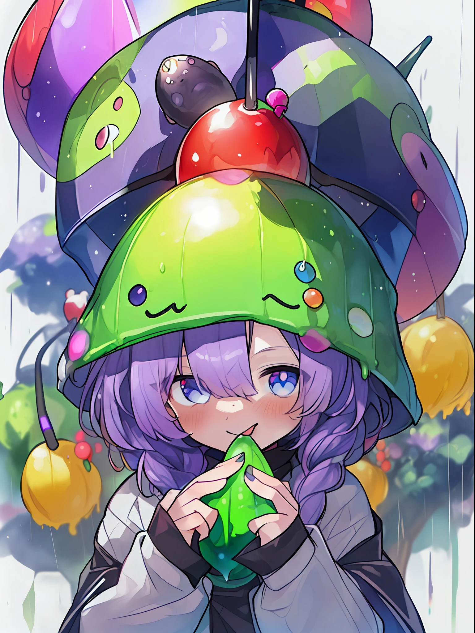 ((((umbrella with drawings inside, hairstyle with purple hair and green coloring, braids, portrait of upper body))), large eyes, drooping eyes, bright expression, height 165 cm, scale 1/20, light and shadow of Sertefan, illustration using the Octane renderer, cartoon-style illustrations on a child's theme featuring characters, fantasy RPG atmosphere, Originality that attracts the attention of the audience, illuminated with warm color scheme, soft, high-quality images, details, accurate depiction, impressive poses and interesting activities, Mutsuki Conworks, highly detailed facial details, unique character design, anime-style boy, medium hair long, cherry pink-red hair color, blue eyes, not an ugly face, five fingers, symmetricalSkin color like marble, not ugly body, two arms, two legs, game clothes, game gloves, game boots, Caucasian, background long shot, (、、、、、、、 anime,、,、,、,、,、,- style boy, masterpiece: 1.5)), watercolor ink Original drawing, story movie, movie, manga illustration, cute, adorable, detailed photo realistic, wallpaper pencil drawing, eyelashed eyes, Dark Blue Moon, Pan Closet, Cyber, Virtual Reality, 2 Boys, 1 Butler Android, 1 chatGPT, Giant Yellow Fruit, World Tree, (((Ship)), Lanlanlu, Chic, Butler Who Can't Stop Ringing Tongue, 77777, Bonanza, Dancing Props, Fruits Wrapped in Yellow Translucent Outlines, Kowloon World Tree Reaching Dome Ceiling, towering over 20 at 0 meters, Worm virus, roots of giant trees along the coastline, big slime, (running debugging, operating applications, viruses, error sounds), handshake, surface tension of fruits, (competing emulators, range, Robert Robert, virtual reality, high-tech, competition, clones, android,,), blue Kowloon star, dome world, slime fruit, scattered flowers, bear fruit, transformation, green vine-like tendrils, countless feathers sprouting from the skin, Kowloon world tree with huge yellow fruits, proliferation life of the roots of giant trees that move like octopus tentacles and disguised as o