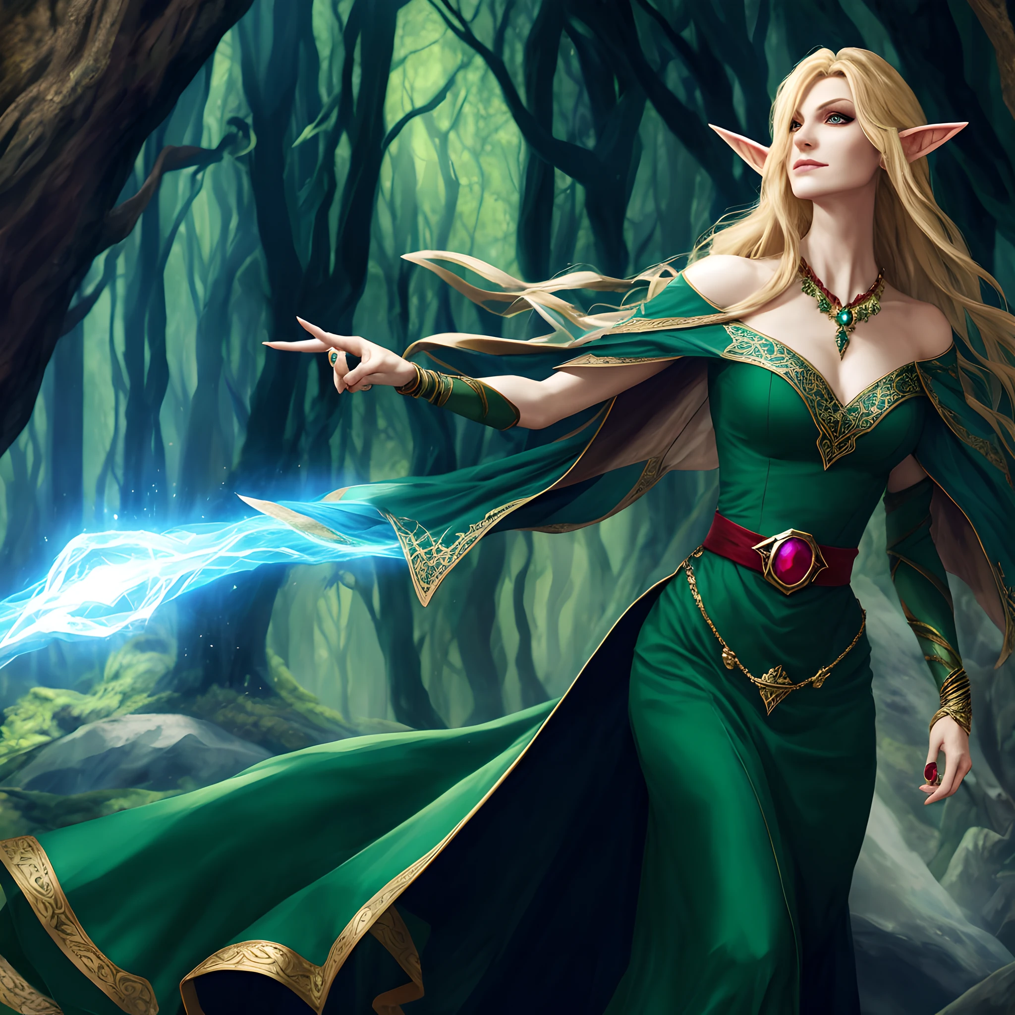 Elf, evil sorceress, dark green dress, blue belt, ruby rings, fantasy, one, only, lonely, treacherous, power, beautiful hands, hands, beautiful right fingers