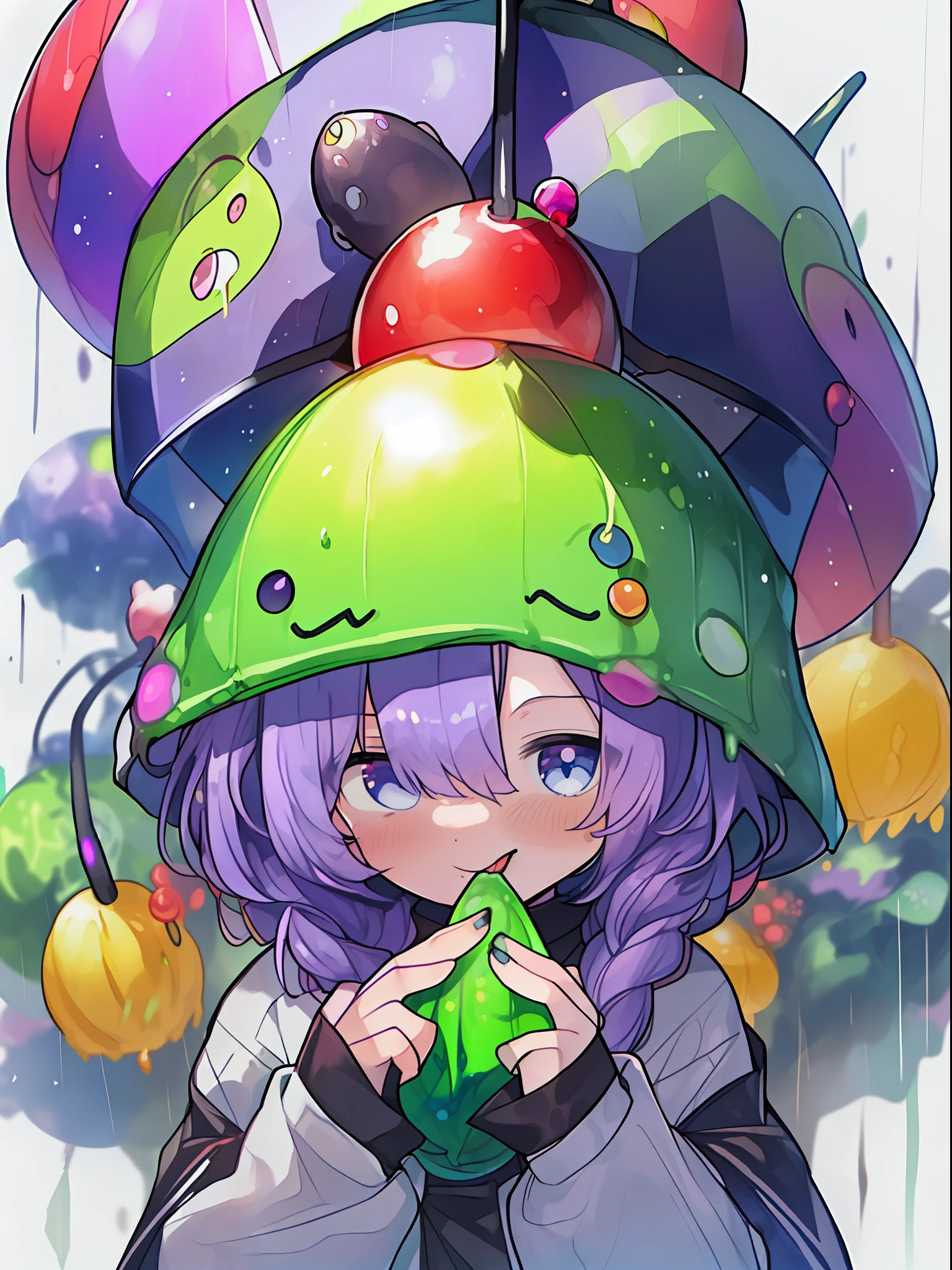 ((((umbrella with drawings inside, hairstyle with purple hair and green coloring, braids, portrait of upper body))), large eyes, drooping eyes, bright expression, height 165 cm, scale 1/20, light and shadow of Sertefan, illustration using the Octane renderer, cartoon-style illustrations on a child's theme featuring characters, fantasy RPG atmosphere, Originality that attracts the attention of the audience, illuminated with warm color scheme, soft, high-quality images, details, accurate depiction, impressive poses and interesting activities, Mutsuki Conworks, highly detailed facial details, unique character design, anime-style boy, medium hair long, cherry pink-red hair color, blue eyes, not an ugly face, five fingers, symmetricalSkin color like marble, not ugly body, two arms, two legs, game clothes, game gloves, game boots, Caucasian, background long shot, (、、、、、、、 anime,、,、,、,、,、,- style boy, masterpiece: 1.5)), watercolor ink Original drawing, story movie, movie, manga illustration, cute, adorable, detailed photo realistic, wallpaper pencil drawing, eyelashed eyes, Dark Blue Moon, Pan Closet, Cyber, Virtual Reality, 2 Boys, 1 Butler Android, 1 chatGPT, Giant Yellow Fruit, World Tree, (((Ship)), Lanlanlu, Chic, Butler Who Can't Stop Ringing Tongue, 77777, Bonanza, Dancing Props, Fruits Wrapped in Yellow Translucent Outlines, Kowloon World Tree Reaching Dome Ceiling, towering over 20 at 0 meters, Worm virus, roots of giant trees along the coastline, big slime, (running debugging, operating applications, viruses, error sounds), handshake, surface tension of fruits, (competing emulators, range, Robert Robert, virtual reality, high-tech, competition, clones, android,,), blue Kowloon star, dome world, slime fruit, scattered flowers, bear fruit, transformation, green vine-like tendrils, countless feathers sprouting from the skin, Kowloon world tree with huge yellow fruits, proliferation life of the roots of giant trees that move like octopus tentacles and disguised as o