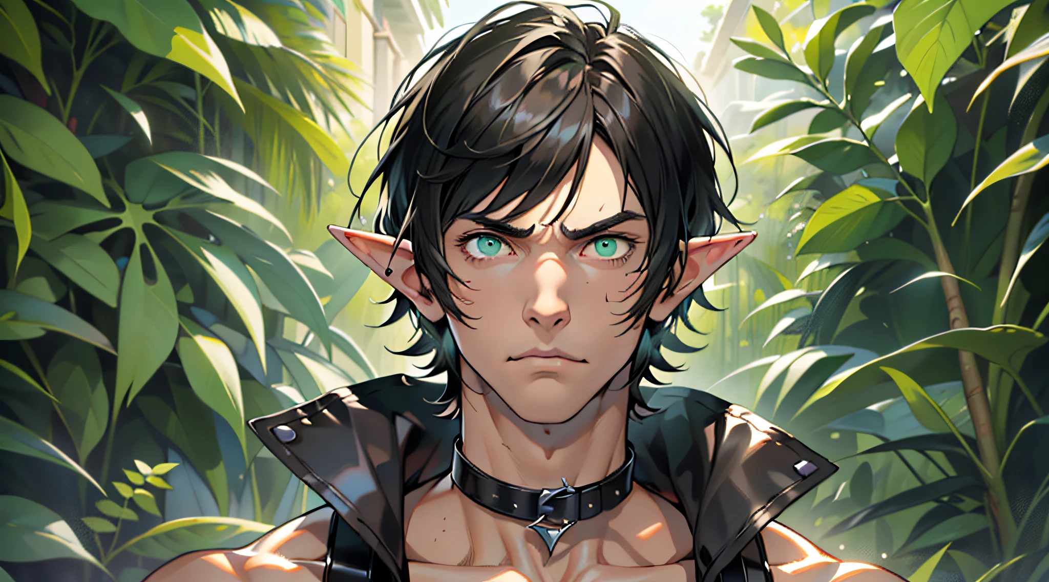 (absurdres, highres, ultra detailed), 1 male, elf adult, handsome, tall slender guy, narrow shoulders, finely detailed eyes and detailed face, messy shaggy black hair, side bangs, bangs, green eyes, sexy twink, shirtless, final fantasy 14, dog collar, pouty expression, narrow eyes, full body, sexy pose