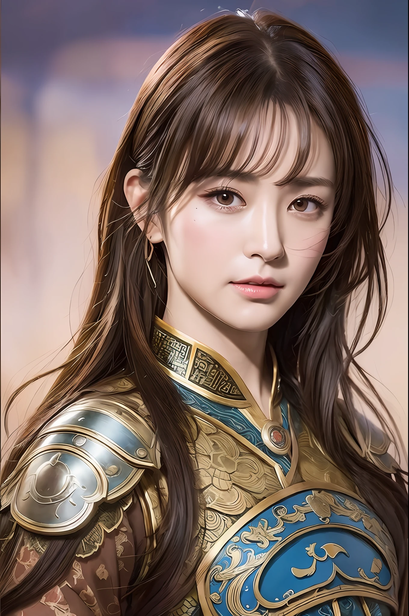 masterpiece, best quality, romance of the three kingdoms, realistic, game cg, watercolor \(high\), 1girl, solo, simple background, Oriental, beautiful-detailed brown eyes, portrait, ultra detailed, disheveled hair, detailed clothes, with bangs, armored dress, confident