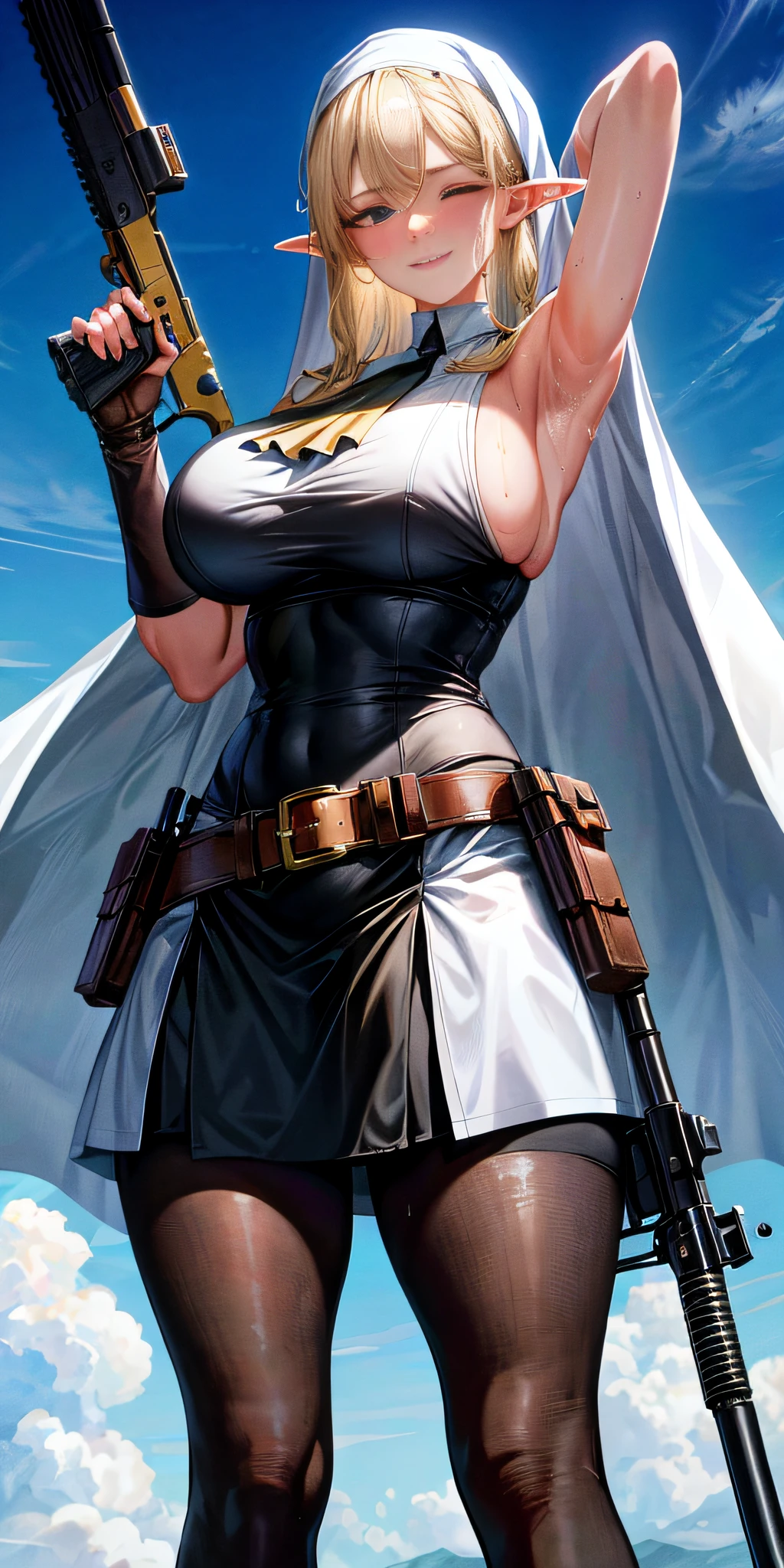 Standing, large breasts, holding gun, agitated, beautiful face, thick body, blonde hair, half-closed eyes, smile, exposed armpits, masterpiece, super mass, 4k quality, high detail, elf mother, black nun bandana, lace skirt, neckline, white pantyhose, sweaty, wet clothes, transparent, add_detail:1.5