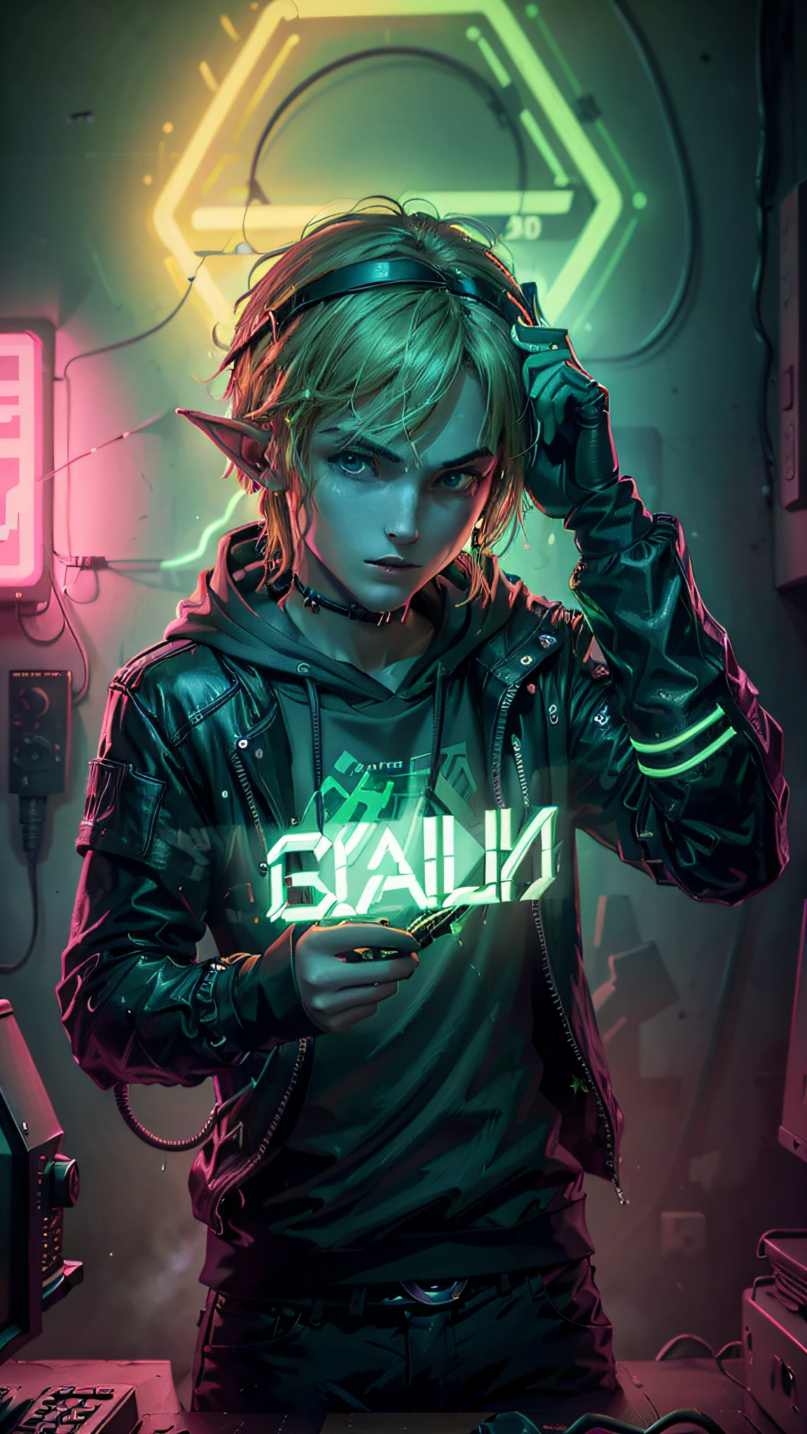 ((Best quality)), ((masterpiece)), (highly detailed: 1.3), 3D, NeonNoir, man, Zelda cyberpunk link, cyberpunk, dark boy, green clothing, green armor, neon green, blond hair, elf (using the head mounted display that is thick and hi-tech: 1.2), using a cover, hacking a computer terminal, PURPLE NEON MONITOR LIGHT, GREEN NEON SIGNS ON THE WALL,