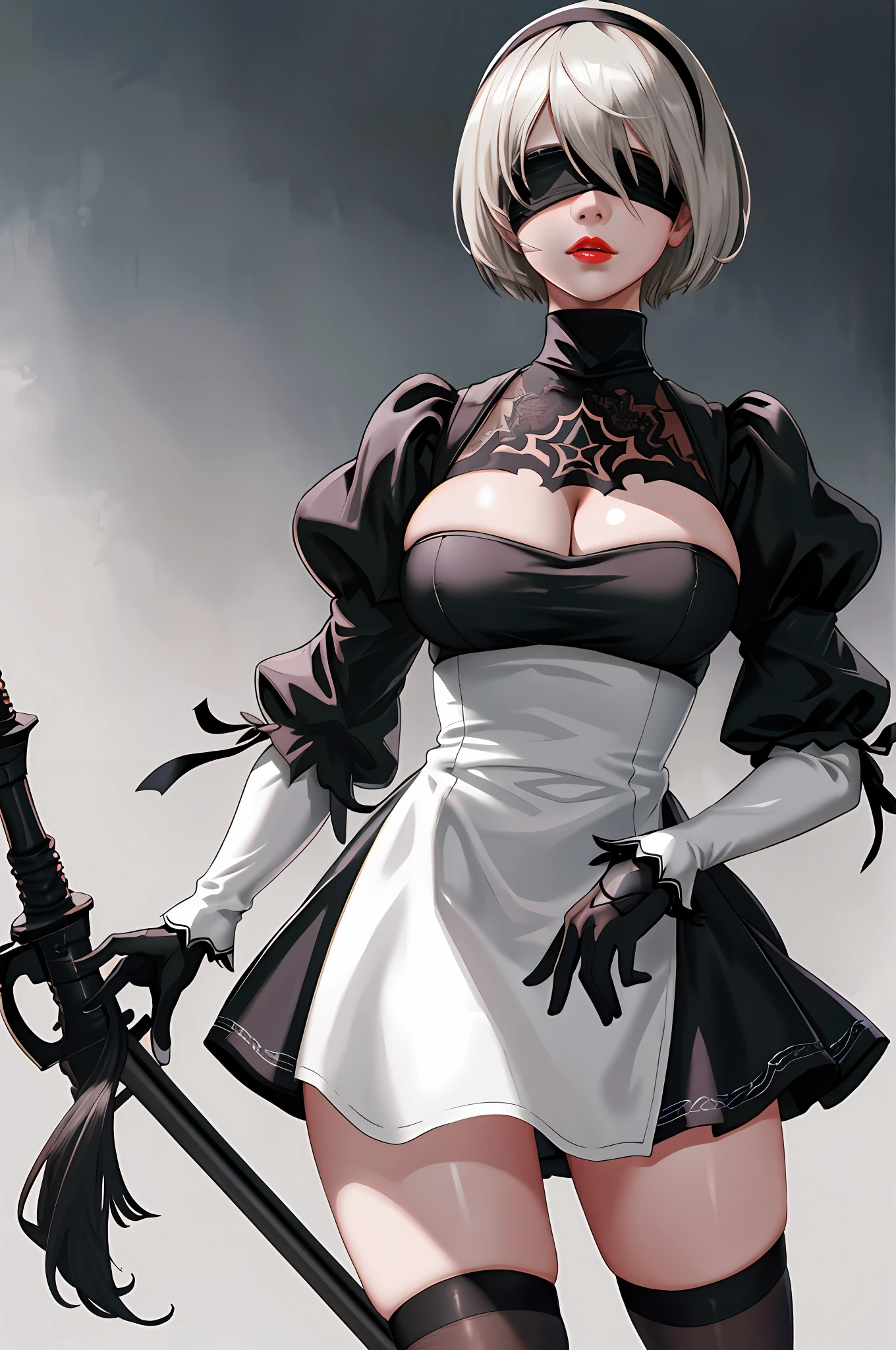 Yorha2b, masterpiece, (photorealistic: 1.4), top quality, beautiful lighting, 1 girl, mother, (blindfolded)), breasts, cleavage, hair band, hi-res, juliet sleeves, long sleeves, nier automata, red lips (puffy sleeves), shading face, short hair, solo, turtleneck, upper body, gray hair, Sky RAW Photography, 8K UHD, Film Grain