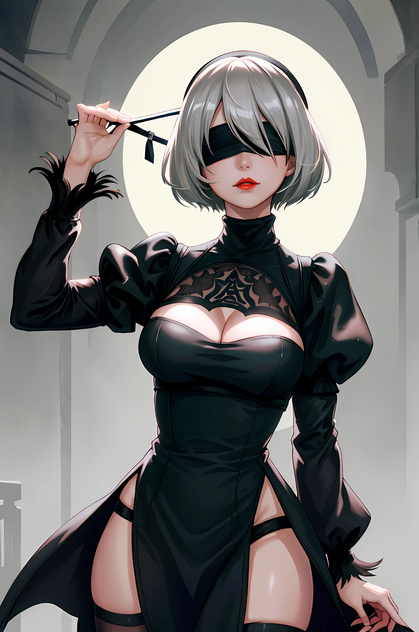 Yorha2b, masterpiece, (photorealistic: 1.4), top quality, beautiful lighting, 1 girl, mother, (blindfolded)), breasts, cleavage, hair band, hi-res, juliet sleeves, long sleeves, nier automata, red lips (puffy sleeves), shading face, short hair, solo, turtleneck, upper body, gray hair, Sky RAW Photography, 8K UHD, Film Grain