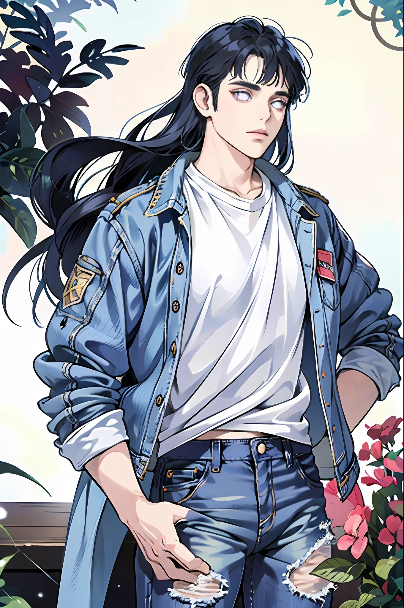 masterpiece, best quality, ((pure white background)), standing, (dark blue hair) ,cold face, full body, (((open Denim jacket))), white T-shirt, casual pants, (((Fashionable clothing))), happy, light effect, soft, super clear, high-definition picture, (front), purple eyes, blunt bangs, hinata/(boruto/), long hair, medium breast