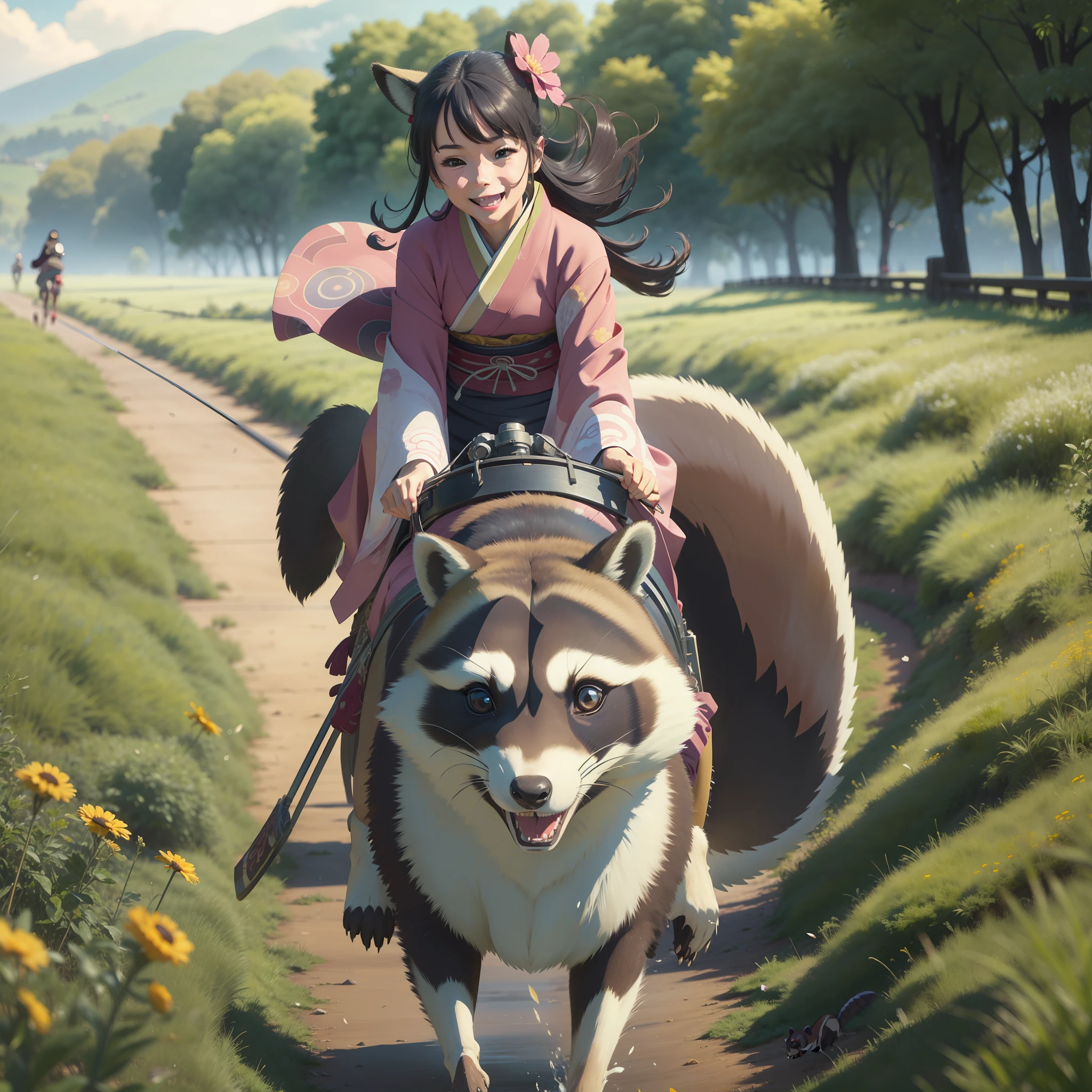 A happy looking girl in a kimono riding a big raccoon and running through the grassland.