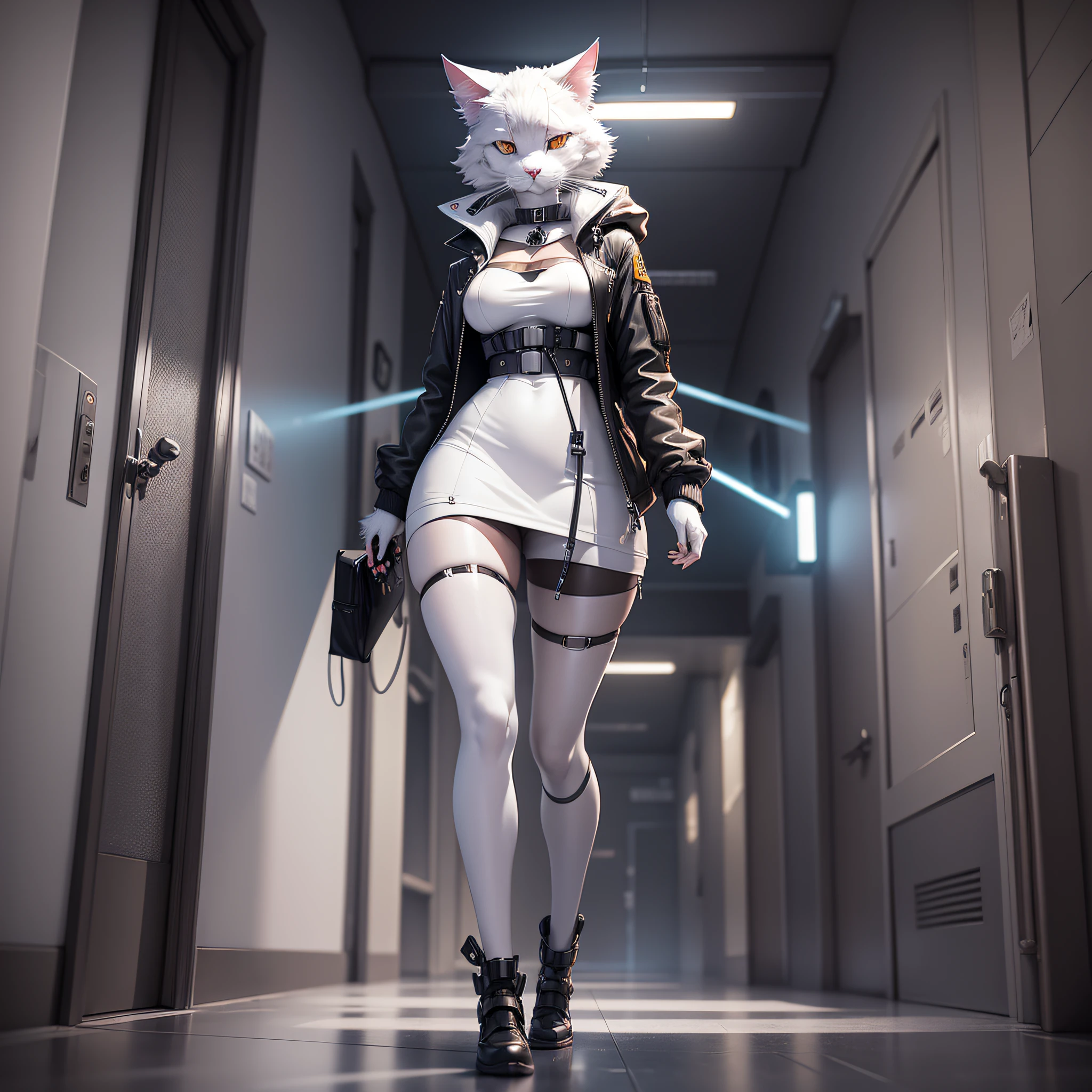 furry white anthropomorphic cat, long jacket black MNI SKIRT, TOP, CORD ON NECK, SLIM WAIST, WIDE HIP, BULKY NIPPLES, in a CORRIDOR the night cyberpunk 8k, atmospheric perspective, upside-down, fisheye, super detail, ccurate, best quality --auto --s2