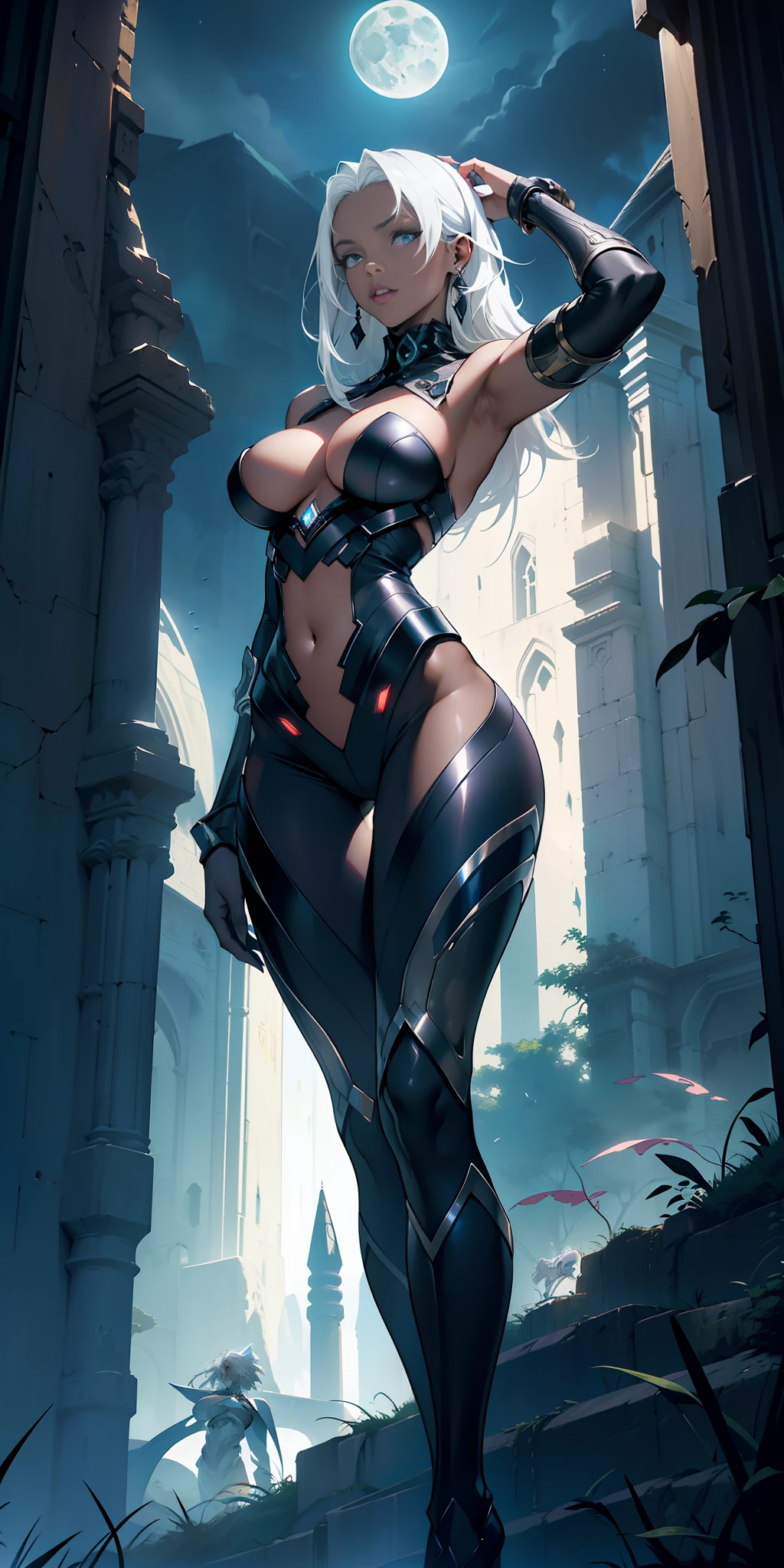 ((beautiful African girl)), is imposing in a lost Gothic city. (moonlight highlights her slender body of large breasts, white hair, in a dynamic and natural pose), The scenery is lush and mysterious, with futuristic technology and surroundings. The camera details everything, a warrior woman, in front of him.