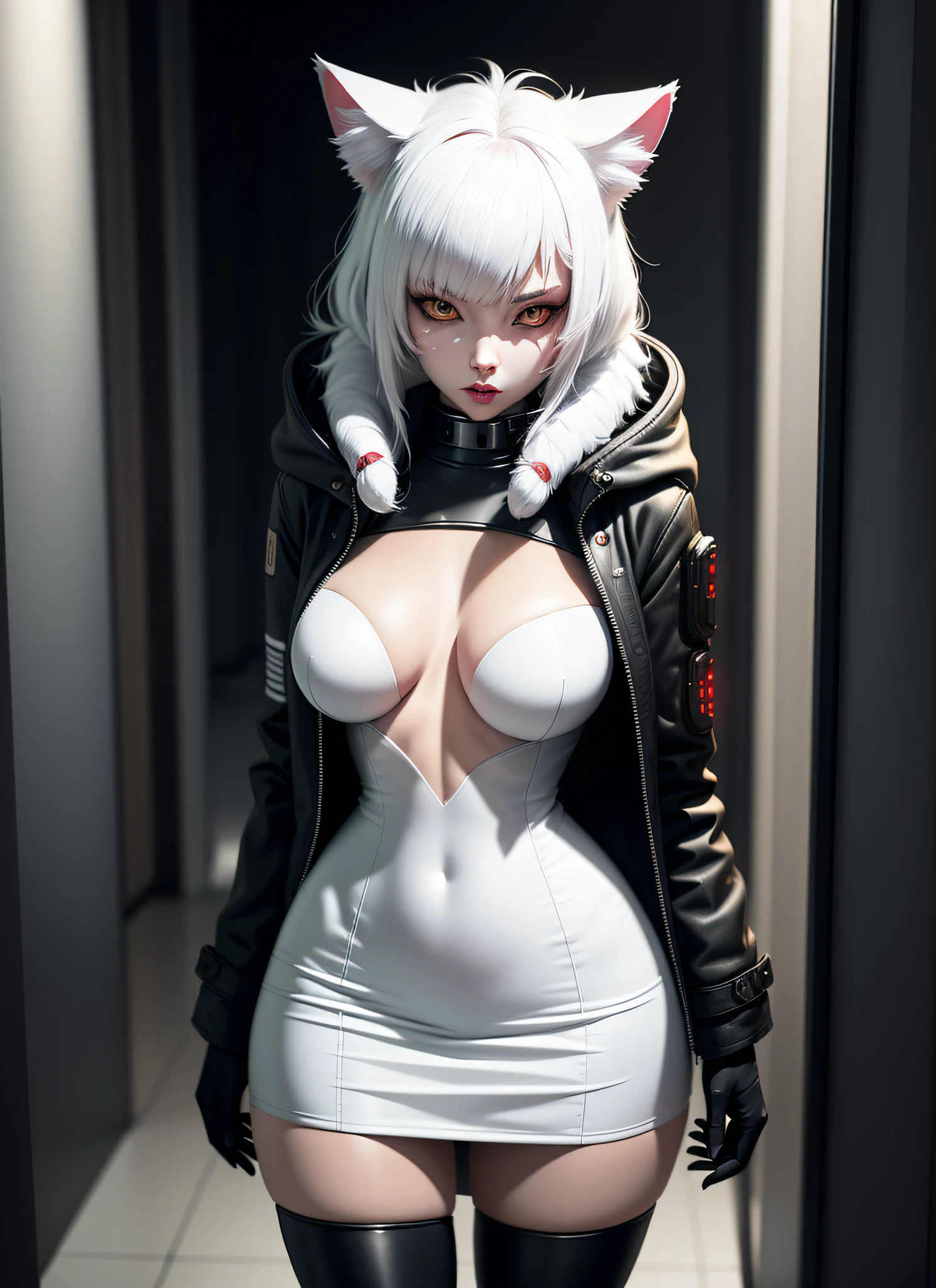 furry white anthropomorphic cat, long jacket black MNI SKIRT, TOP, SLIM WAIST, WIDE HIP, BULKY NIPPLES, in a CORRIDOR the cyberpunk night, SEEN FROM ABOVE, FISHEYE