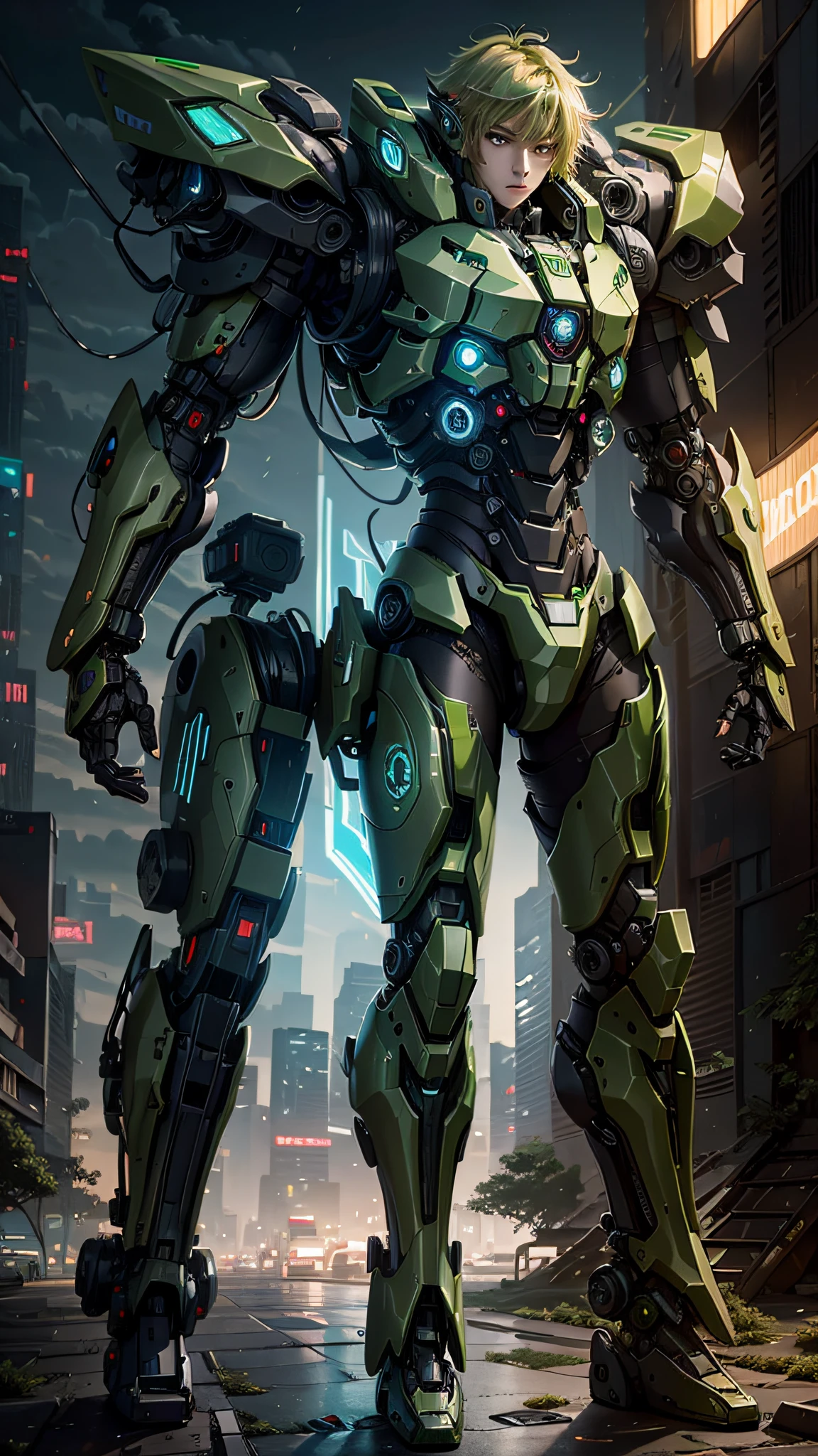 Anime boy in mecha suit, anime mecha boy, digital art cyberpunk anime, 8k, mecha network armor man, Zelda cyberpunk link, cyberpunk, dark boy, green clothing, green armor, neon green, blond hair, elf