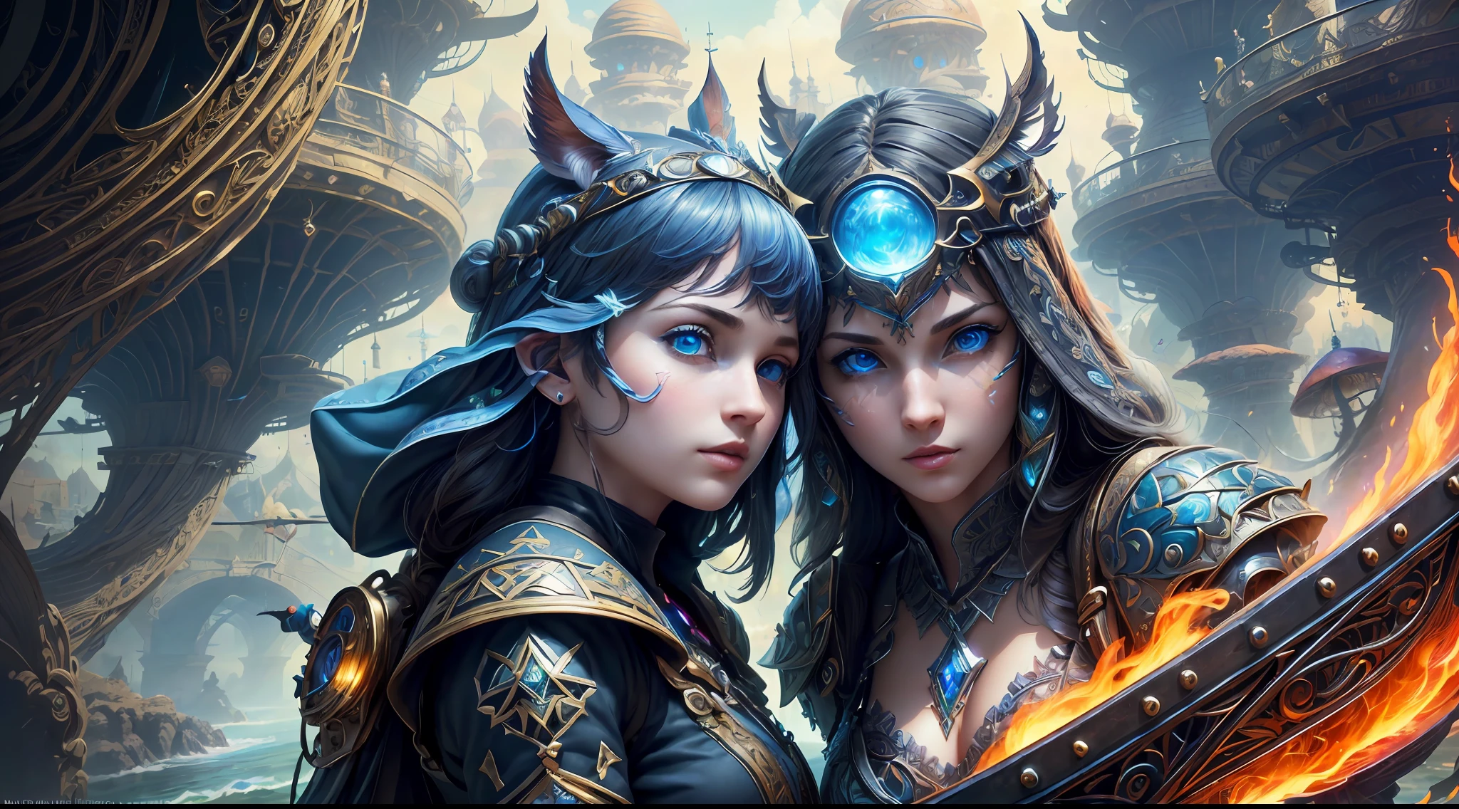 (((Multiplayer, Vivid Eyes, Man and Woman))), Best Quality, Realistic, Realistic, Award-Winning Illustrations, (Intricate Details: 1.2), (Fine Details), (Intricate Details), (Cinematic Light, Best Quality Backlight), Clear Lines, Sharp Focus, Official Art, Unity 8k Wallpapers, Ridiculous, Incredibly Absurd, Fantasy Art, (((Full Body Portrait)), RTX, ((Award-winning Triangle Studio Close-up Photo)), 2 Boys, (shut up), best quality, 4K, beautiful mysterious creatures, female, flying, surrealism, masterpiece by ncwinters, in a mysterious country town, masterpiece, intricate details, ff14style, urban painting, bridge, river, giant mushroom, landscape, bright colors,