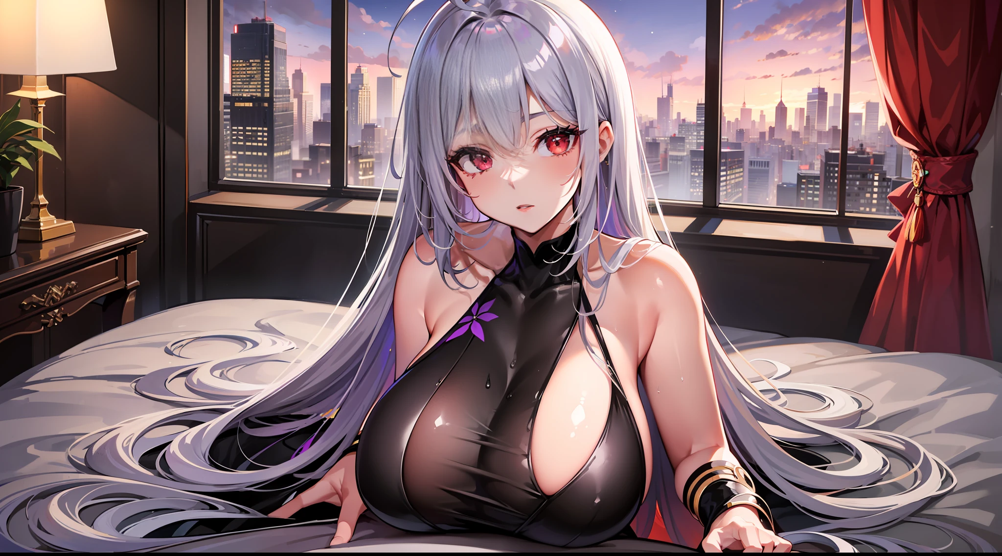 1 adult women, tall, glamorous wet body, silver straight hair, very huge ahoge, red eyes, long skirt sleeveless increasing thickness high neck chinese dress(black color purple edge line), Lying on bed on your back, spread legs, crotch groove, luxury hotel bed room, large window, midnight, beautiful night view, full body length drawing, masterpiece, anatomically correct, super detail, high details, high quality, award winning, best quality, highres, 16k