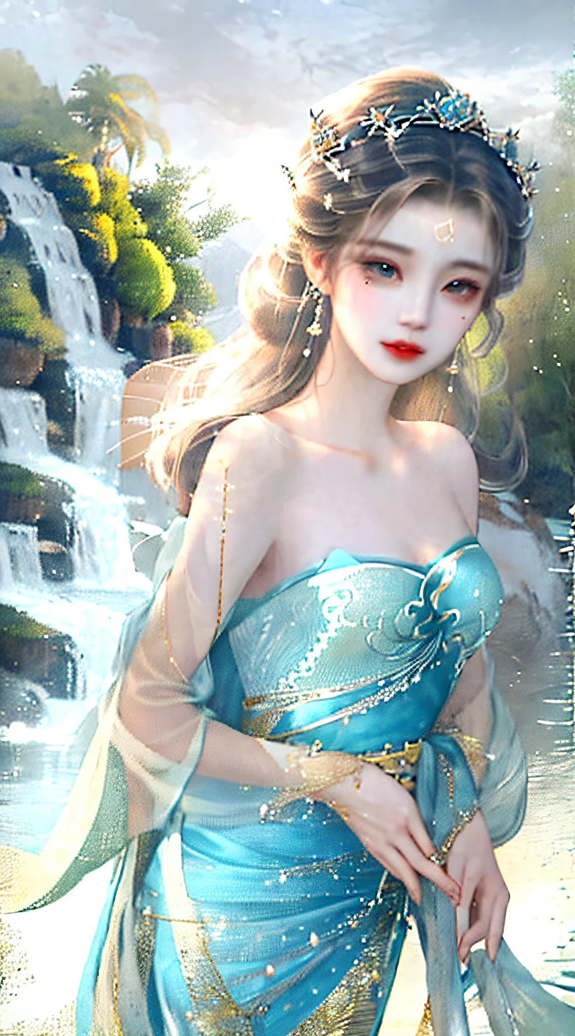 painting of a woman in a blue dress in a pond of water, beautiful character painting, ((a beautiful fantasy empress)), in the art style of bowater, closeup fantasy with water magic, artwork in the style of guweiz, inspired by Chen Yifei, ethereal beauty, a beautiful fantasy empress, inspired by Zhang Yan, palace ， a girl in hanfu