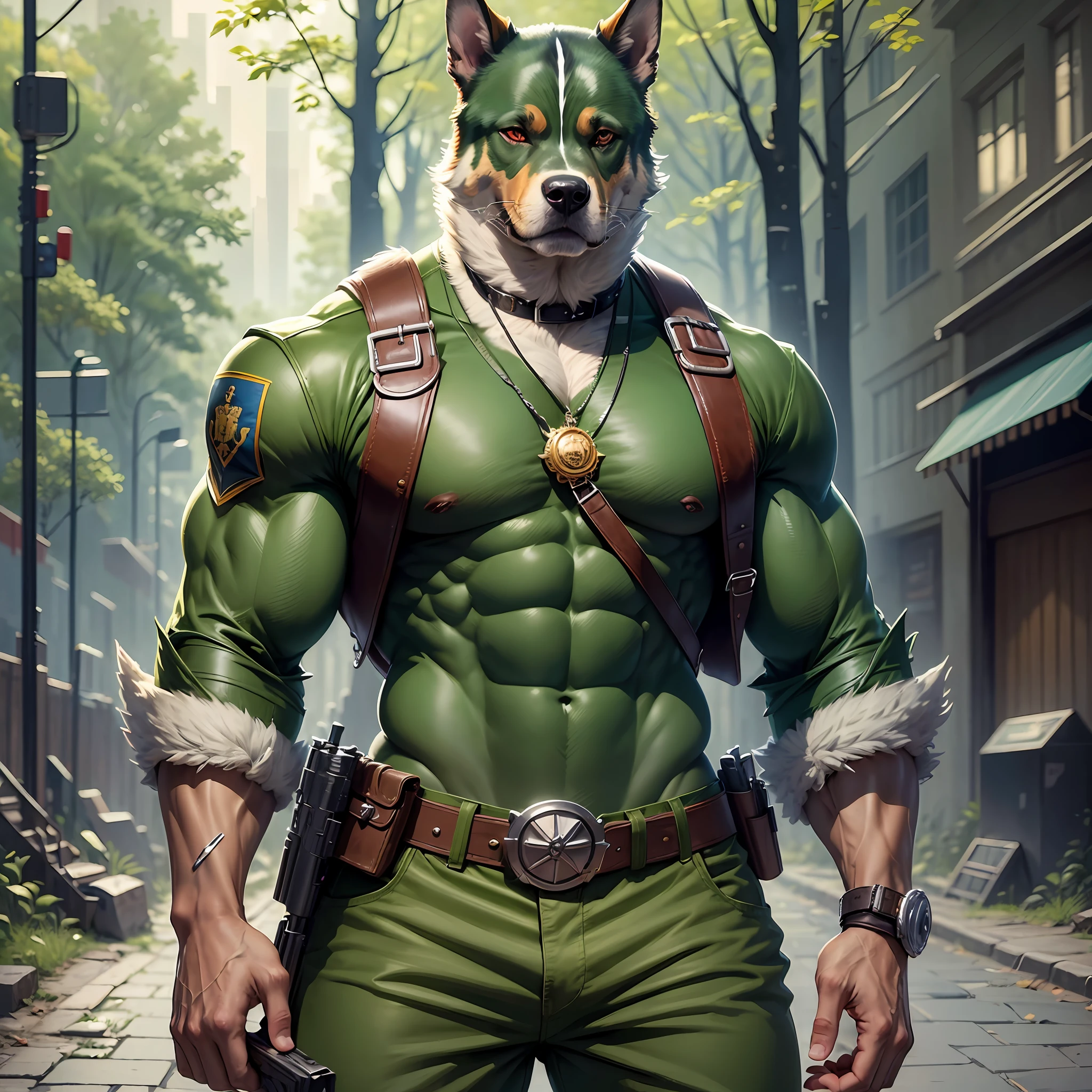 ((best quality)),((ultratailed)), ((masterpiece)), illustration, Scene structure: animal dog personified as a gangster, with dog face and human body. He has a muscular build, wears an unpatched military uniform, has a pistol at his waist, has a rifle on his back. A forest behind him with vibrant green colors. Immediate composition: dog-gangster, animal personification, muscle building, urban landscape, military uniform, weapons, no patch on the uniform. --auto --s2