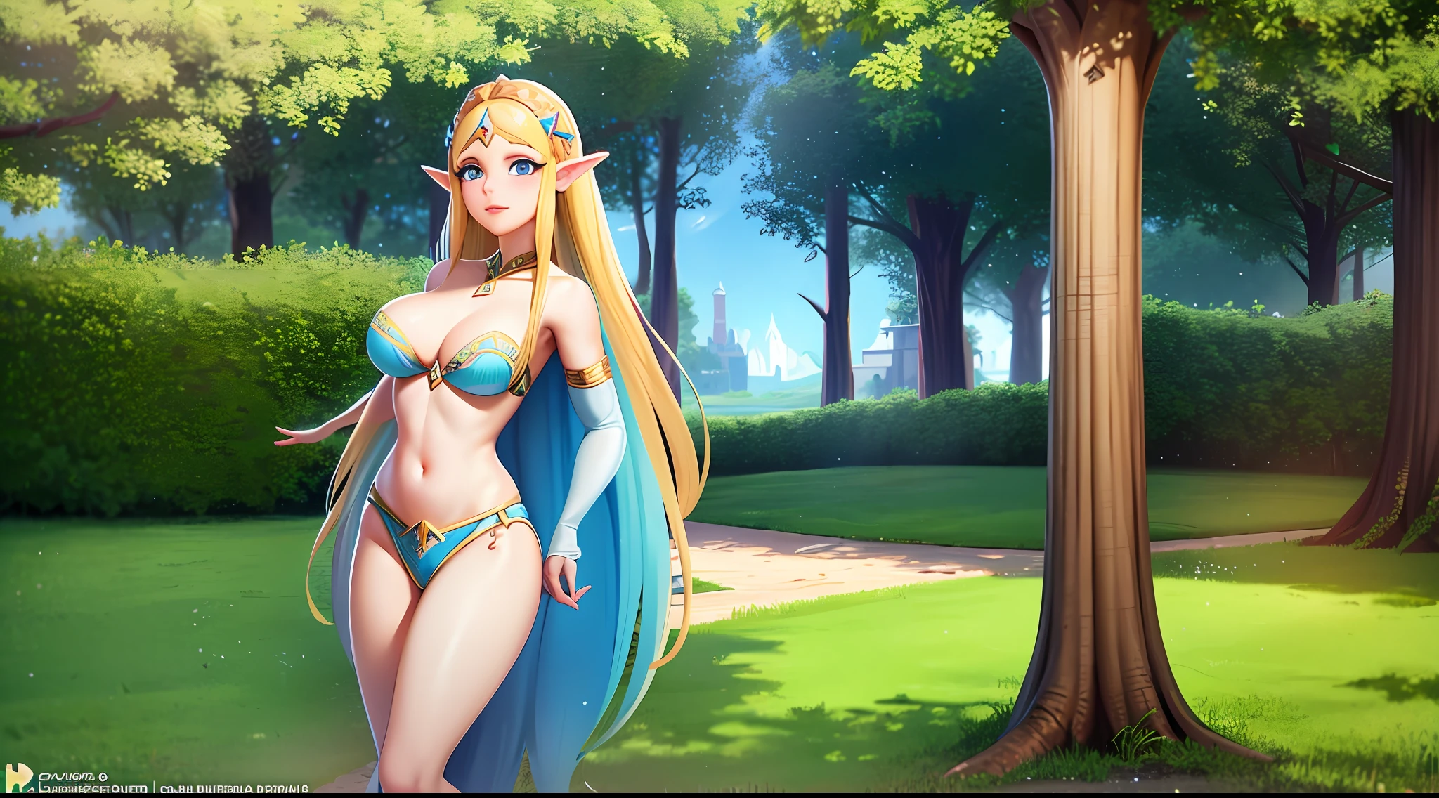 Princess Zelda from Breath of the Wild, high definition, full body in sensual pose, short sexy clothes based on the champions of Hyrule, background view of Hyrule castle, long hair, blonde and blue eyes, physical features of a Hylian, concept art, 8K, wide, high quality