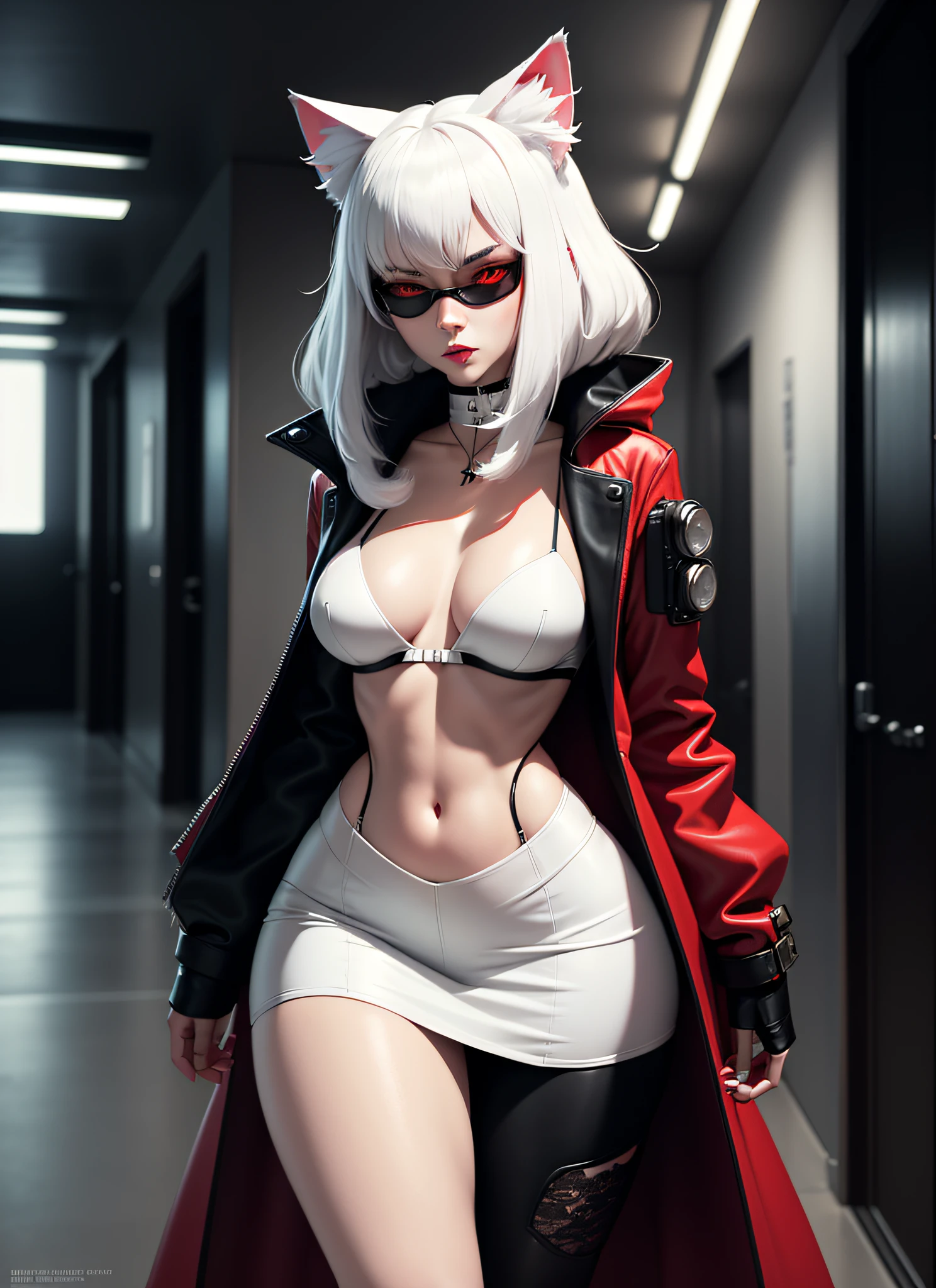 furry white anthropomorphic cat, long jacket black MNI RED SKIRT, LACE TOP, NECK CORD, SLIM WAIST, WIDE HIPS, BULKY NIPPLES, in a CORRIDOR the cyberpunk night