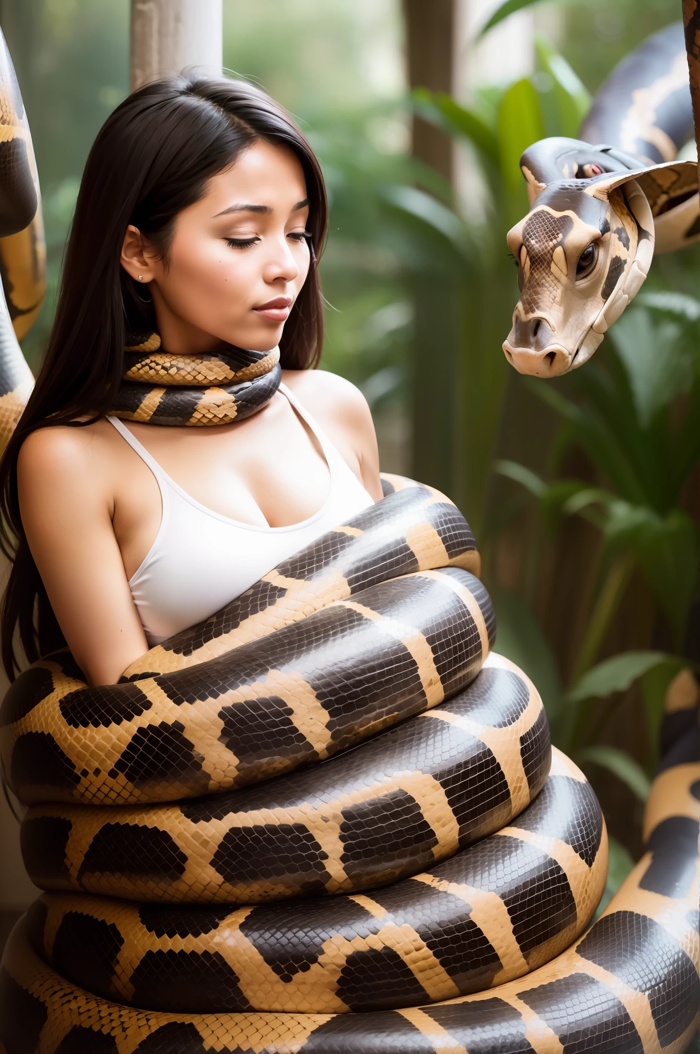 A woman wraps her daughter tightly around a python and kisses her