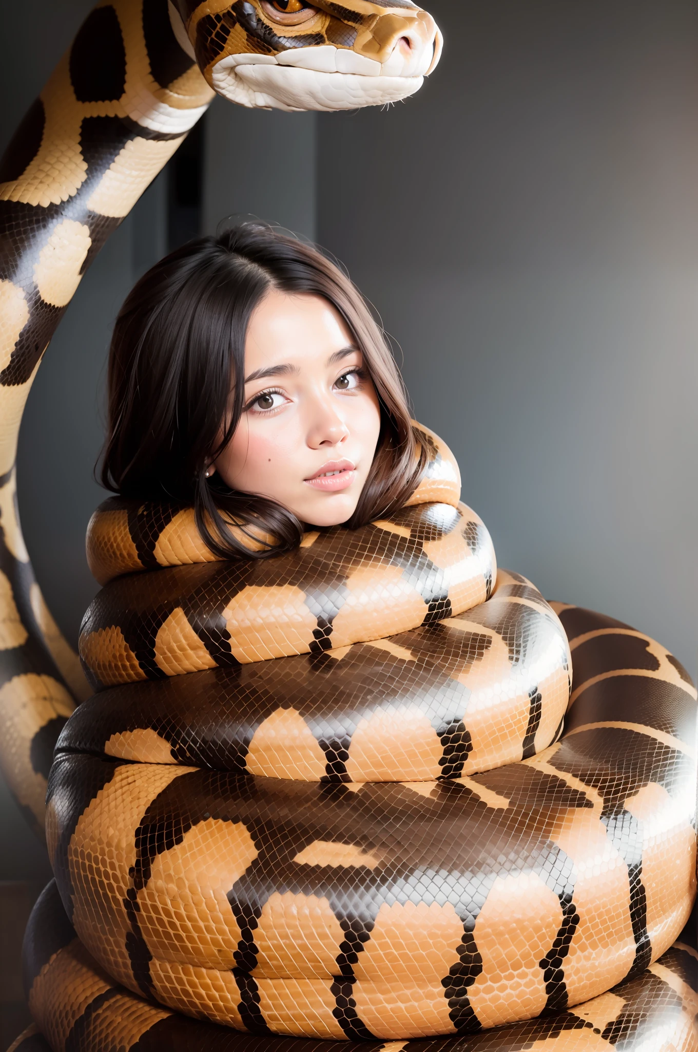 A woman wraps her daughter tightly around a python and kisses her