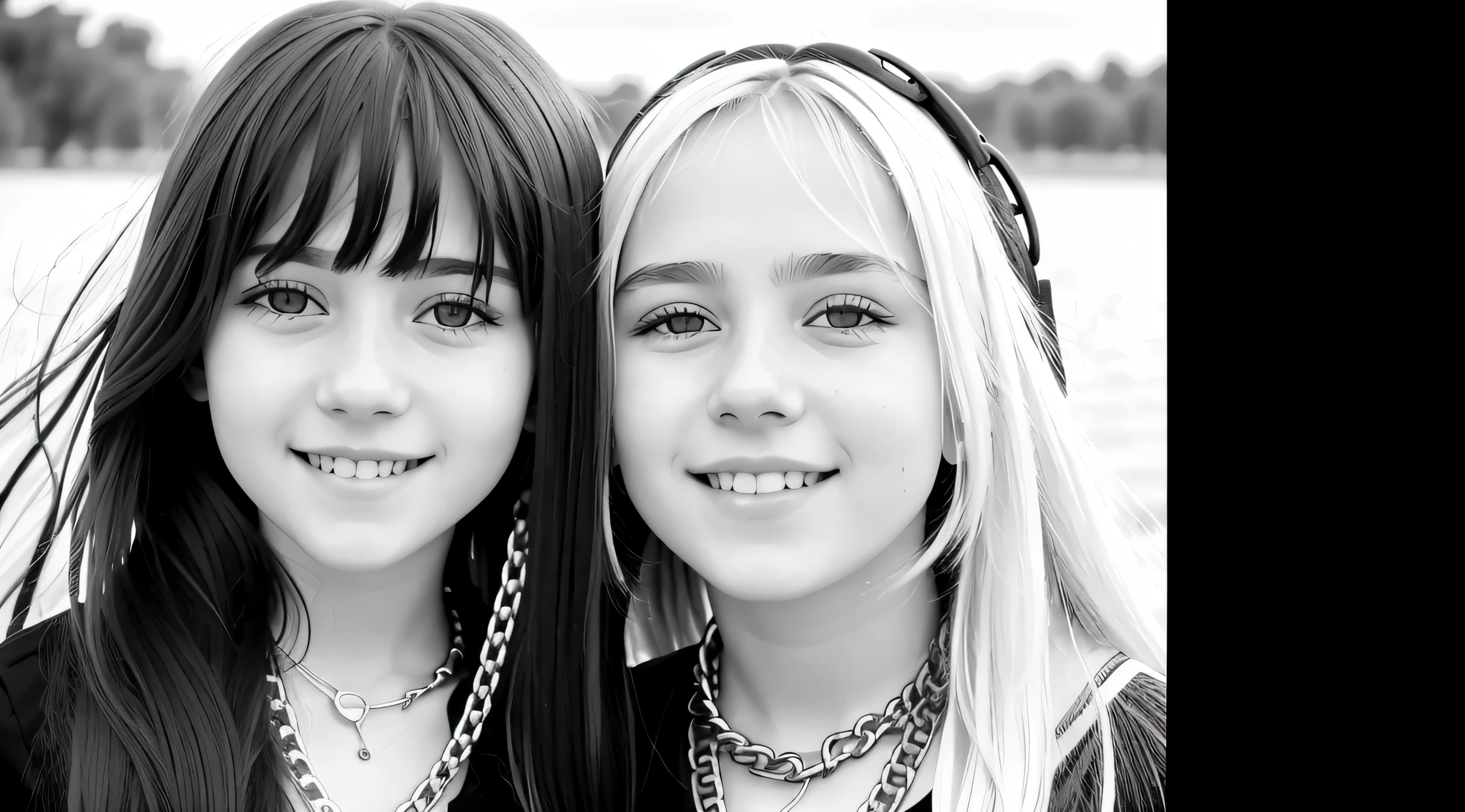 12 year old girl, blonde long haired, holding a chain with a smile on her face, in black and white, B&W photo, black and white portrait, Sofya Emelenko, black and white portrait, ((chains)), she is about 1 6 years old, 13 years old, black and white photo, inspired by Irakli Nadar, Nika Maisuradze