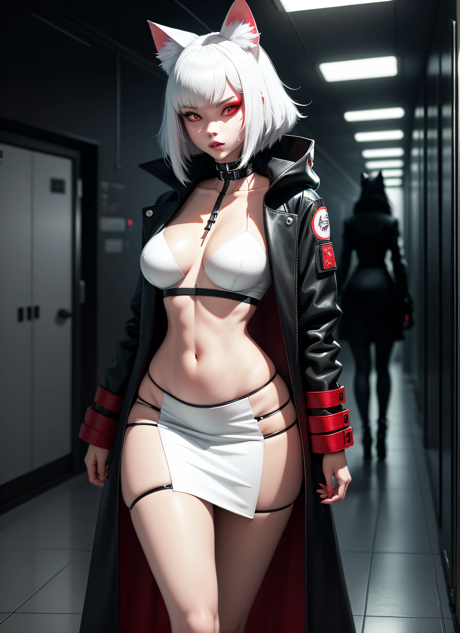 furry white anthropomorphic cat, long jacket black MNI RED SKIRT, LACE TOP, NECK CORD, SLIM WAIST, WIDE HIPS, BULKY NIPPLES, in a CORRIDOR the cyberpunk night