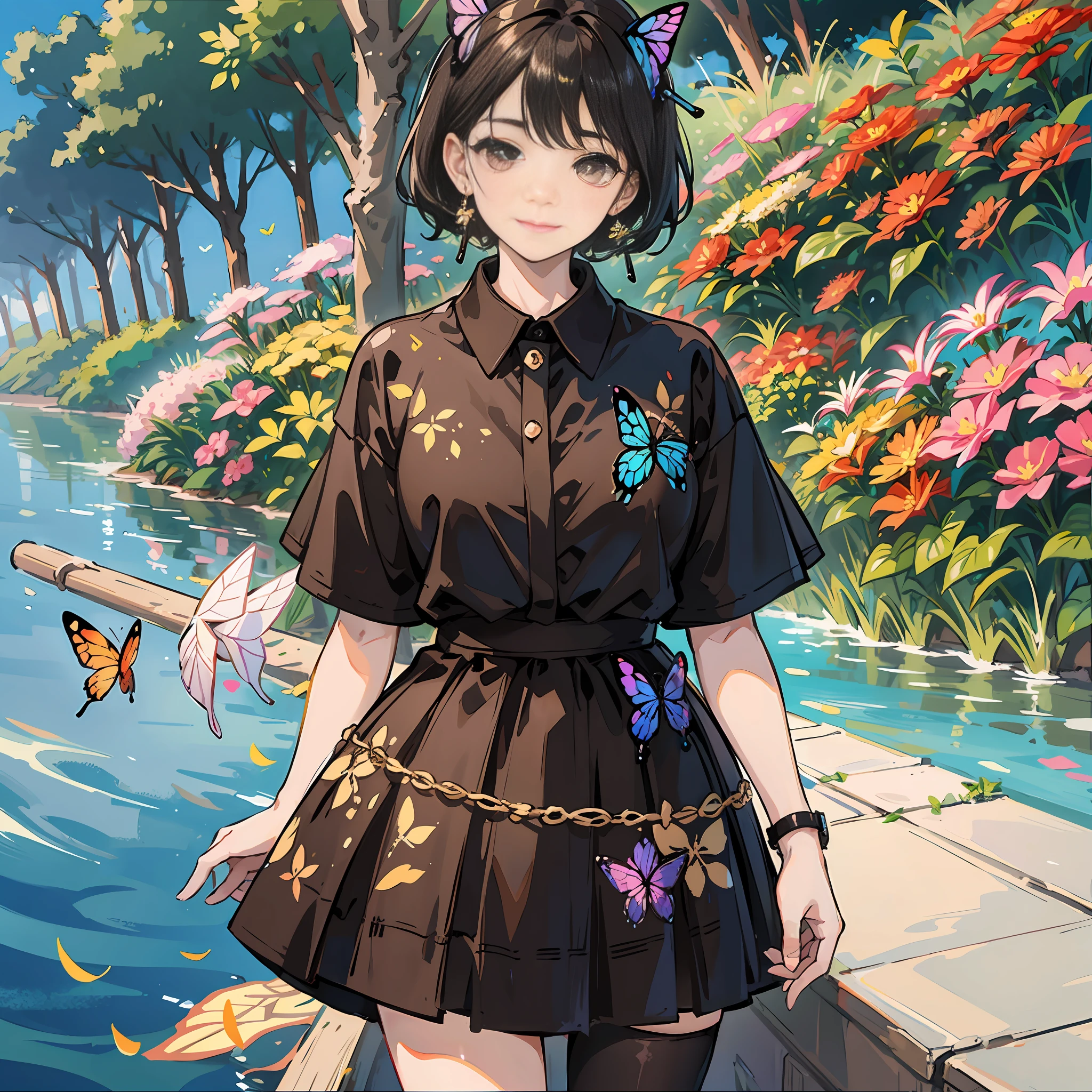 Short black hair, fair skin, butterfly stud earrings, HD, pure, brown pupils, floral skirt, happy --auto --s2