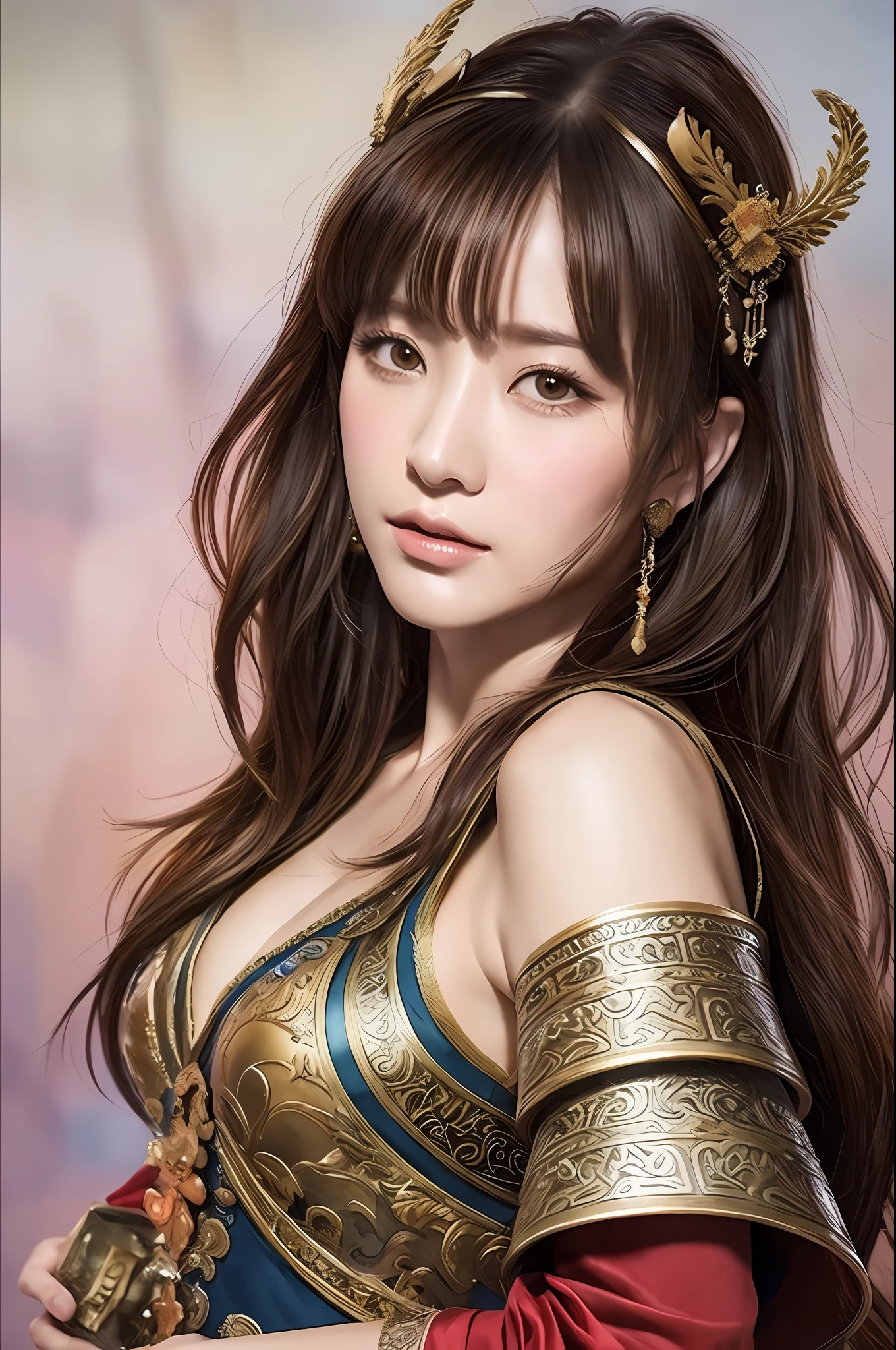 masterpiece, best quality, romance of the three kingdoms, realistic, game cg, watercolor \(high\), 1girl, solo, simple background, Oriental, beautiful-detailed brown eyes, portrait, ultra detailed, disheveled hair, detailed clothes, with bangs, armored dress, confident