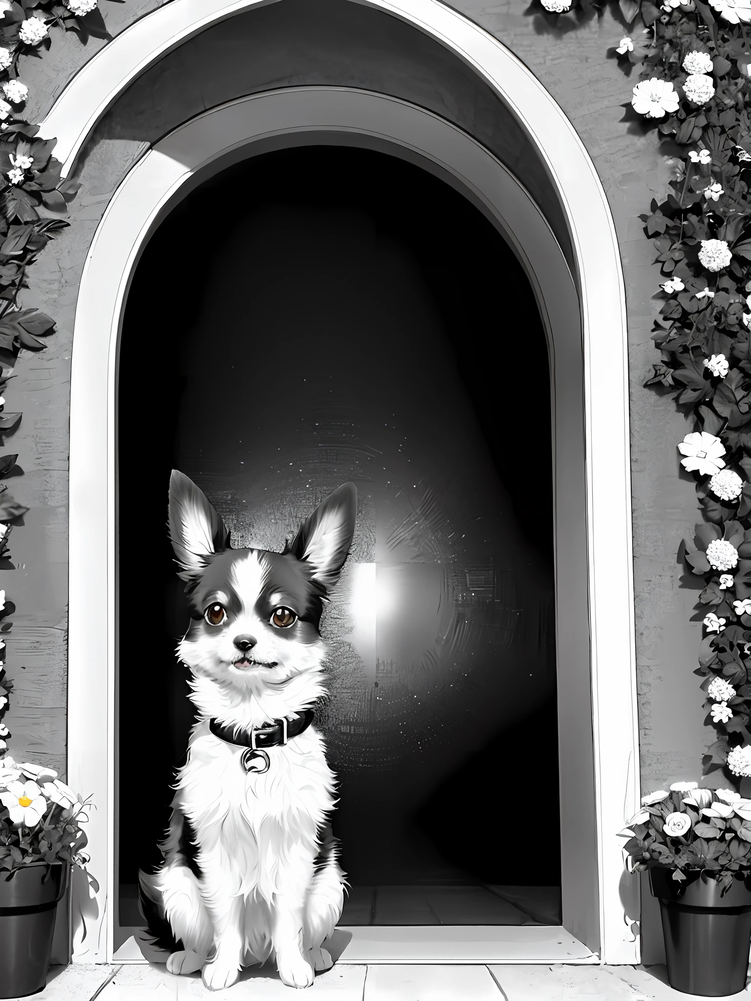 Coloring page black and white cute fluffy chihuahua dog in rabbit hole village with trees and flowers