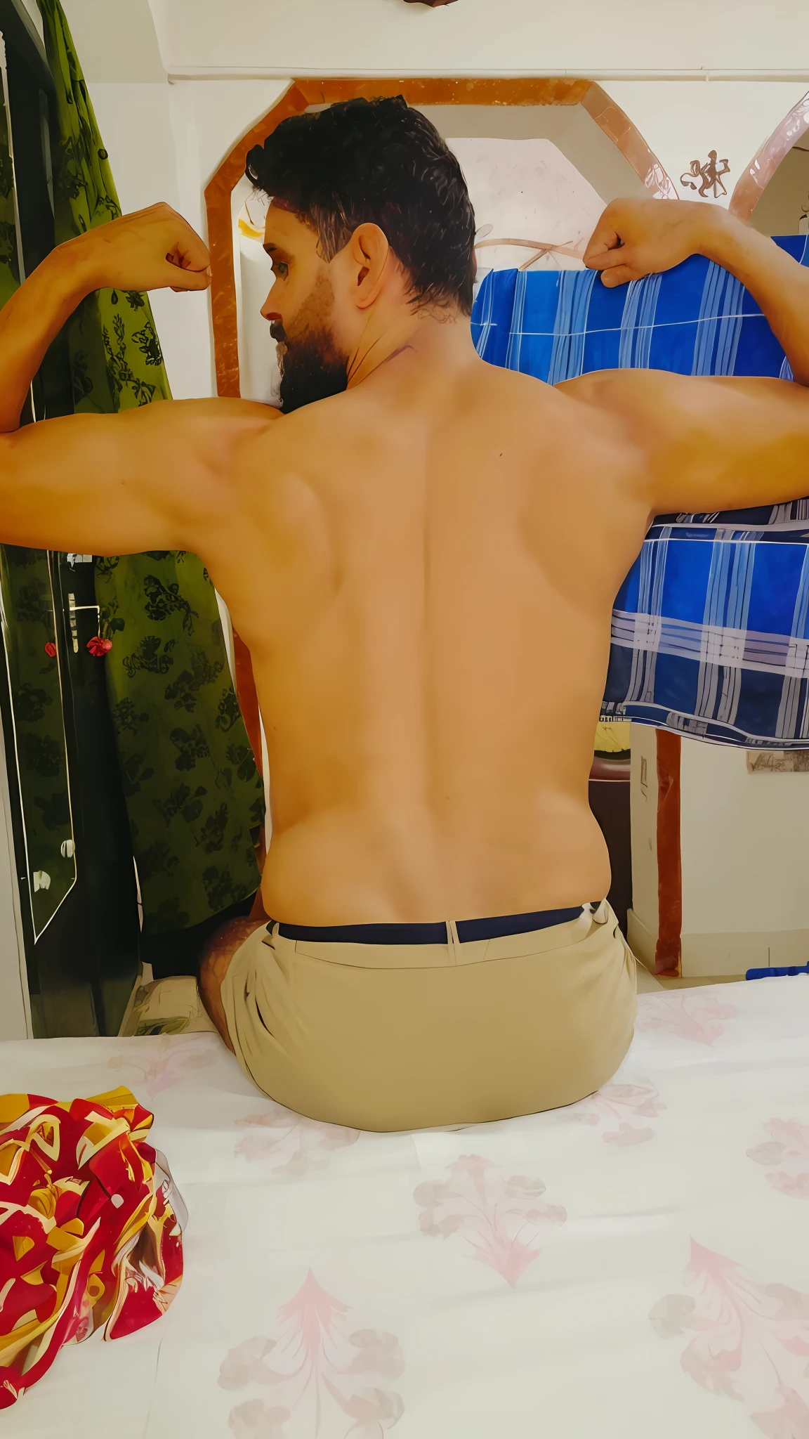 masterpiece, detailed, intricate, epic fantasy, colorful, full body, back muscles,slight angle, hulking, muscular, ankle wraps, very hairy chest, revealing skimpy outfit, receding hairline, smirk, mercenary, blades, great ancient city gates, pointing away, depth of field, particle effects, high quality shadows
