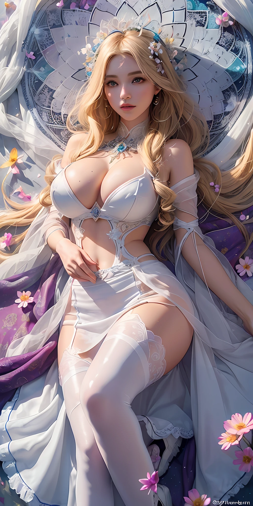 European and American style beautiful girl, blonde long hair curly, phoenix eyes, clear light eyebrows, eye shadow, lip moisturizer, beautiful figure, beautiful curves, super exaggerated giant breast weight, white silk pantyhose, sexy and charming, ((water toe + inverted image)), (PVC color long skirt), (multi-color long skirt), (multi-colored leg clothing), from above, (zen entanglement, mandala, tangled, tangled, flowers) (ethereal and sacred), stained glass, radiant colors, intricate patterns, glowing light, timeless artistry, creative experimentation