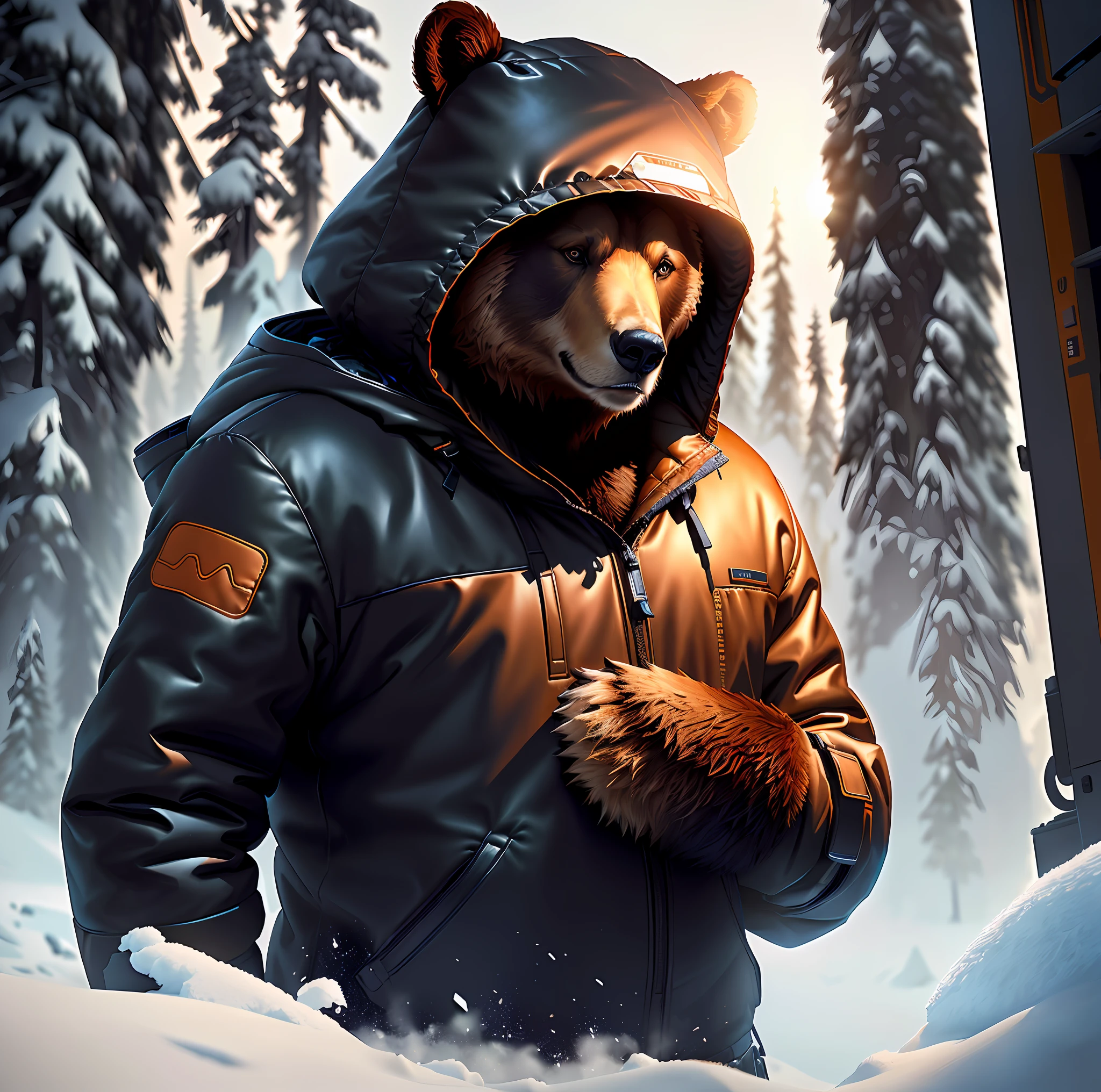 there is a bear in a jacket standing in the snow, wojtek fus, beeple and tim hildebrandt, beeple and greg rutkowski, stunning digital illustration, alexey egorov, beeple and mike winkelmann, portrait of anthropomorphic bear, by Christopher Balaskas, in the art style of filip hodas