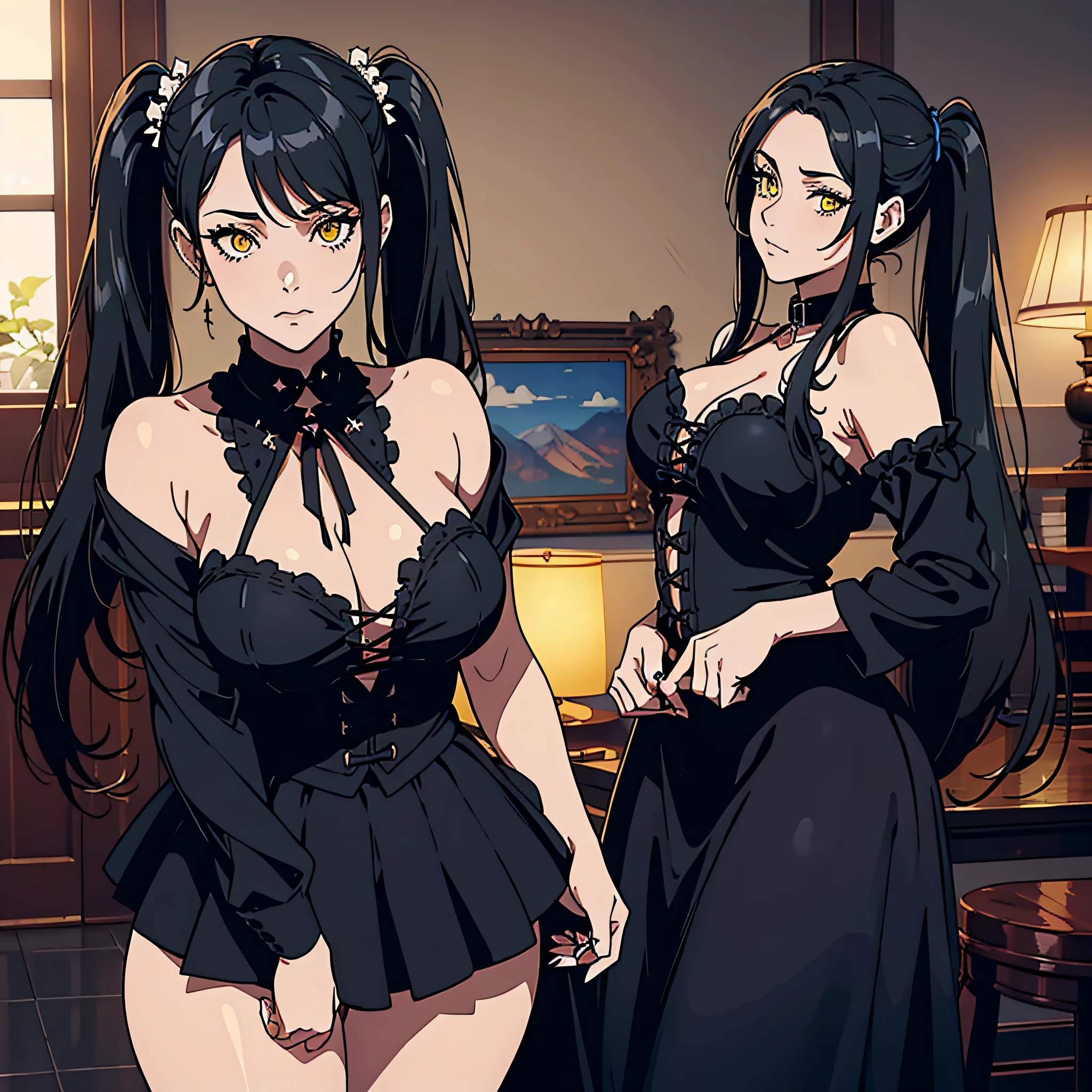 (masterpiece, best_quality, ultra-detailed, immaculate:1.3) epic, artgerm, pixiv, artstation, gothic girl, yellow eyes, black hair in twintails style, twintails, sexy black outfit, hentai, ahegao, short black skirt, panties, black hair, septum nose piercing, black lipstick, indoors at night, apartment, night time, full body shot, feet visible, soles, thick thighs, curvy hips, black painted toenails, black painted fingernails, black collar around neck, collar with metal heart