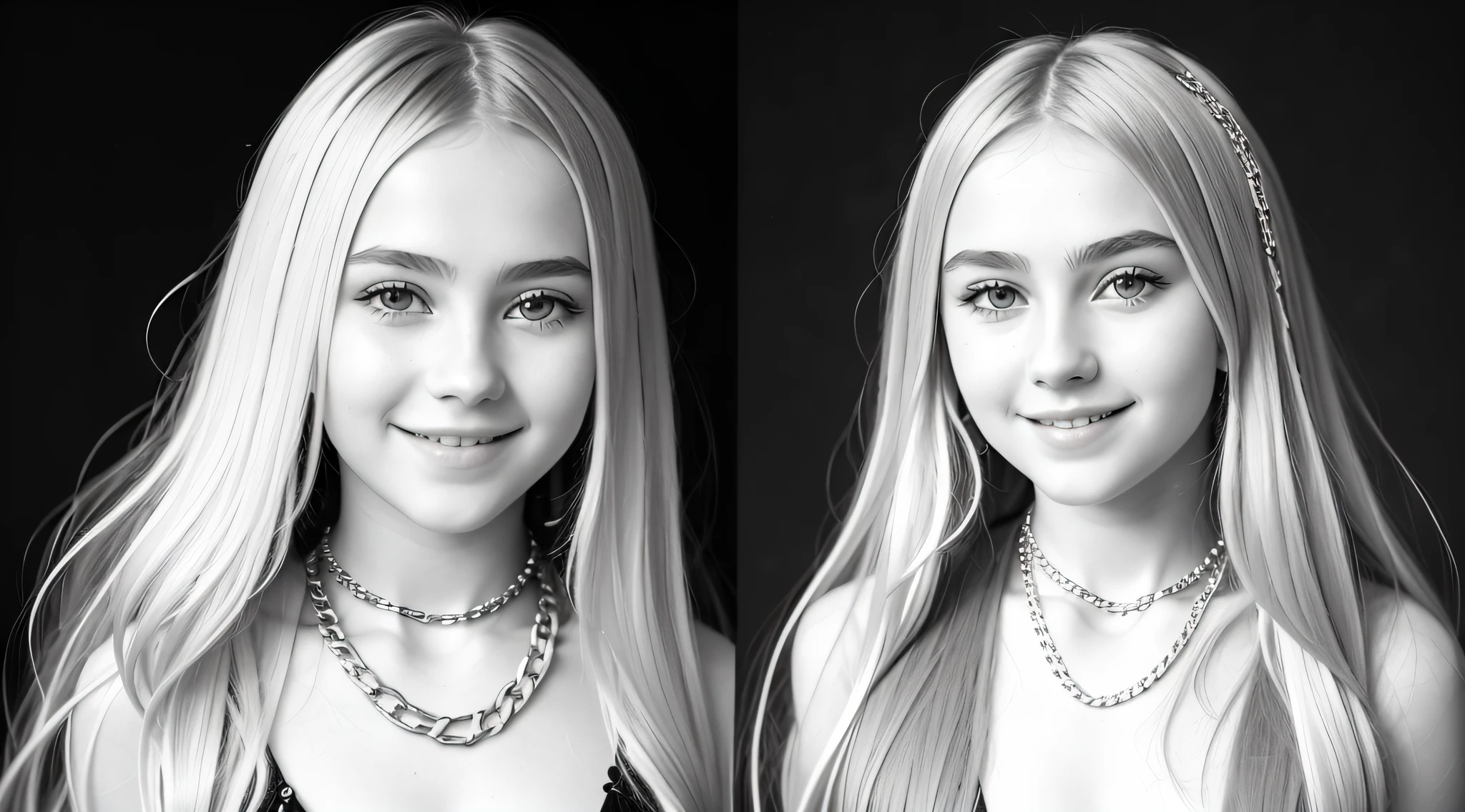 girl 12 years, blonde long hair, portrait, holding a chain with a smile on her face, in black and white, B&W photo, black and white portrait, Sofya Emelenko, black and white portrait, ((chains)), she is about 1 , 13 years ol white photo, inspired by Irakli Nadar, Nika Maisuradze