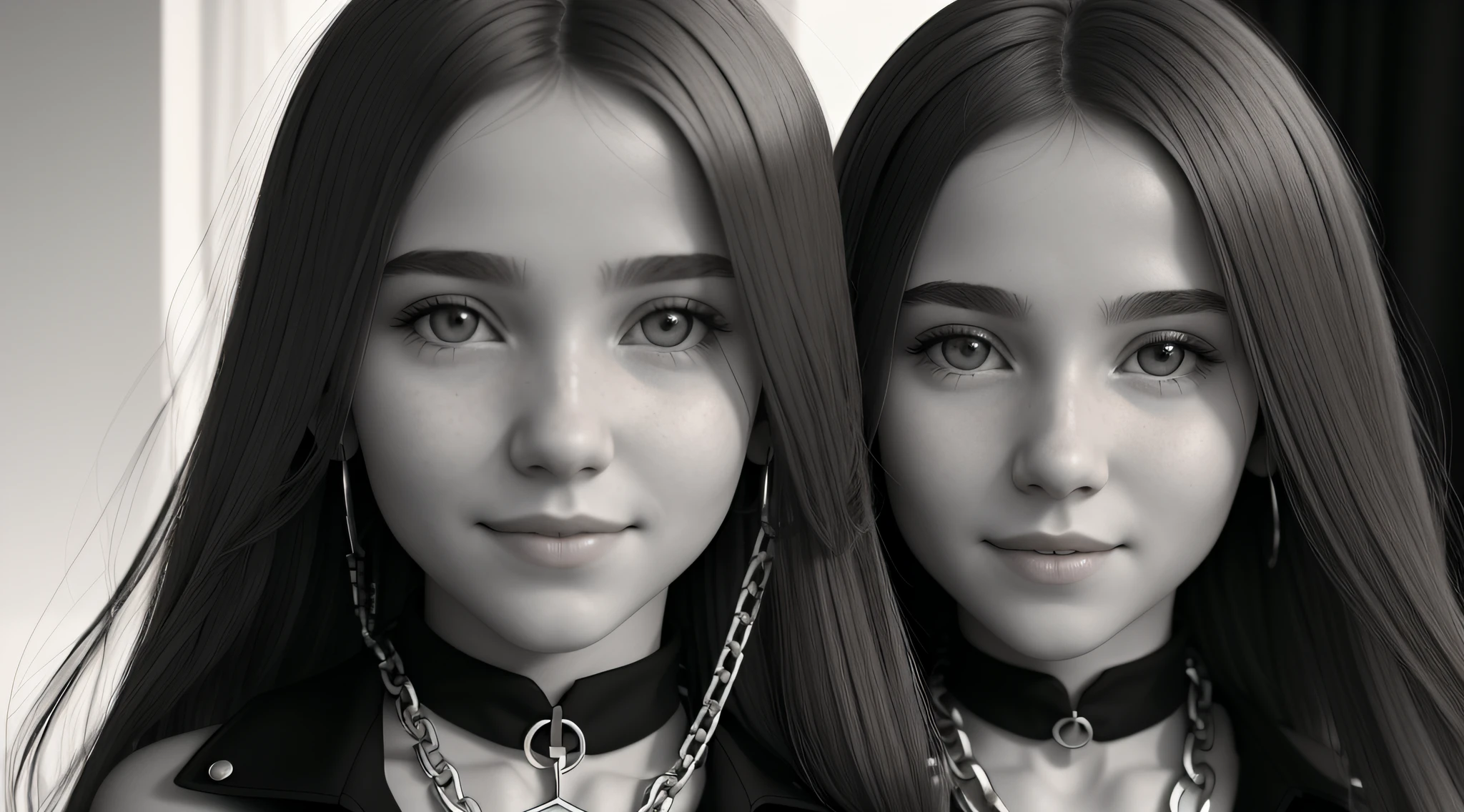 12 year old girl, blonde long haired, close up, holding a chain with a smile on her face, in black and white, B&W photo, black and white portrait, Sofya Emelenko, black and white portrait, ((chains)), she is about 1 , 13 years ol white photo, inspired by Irakli Nadar, Nika Maisuradze