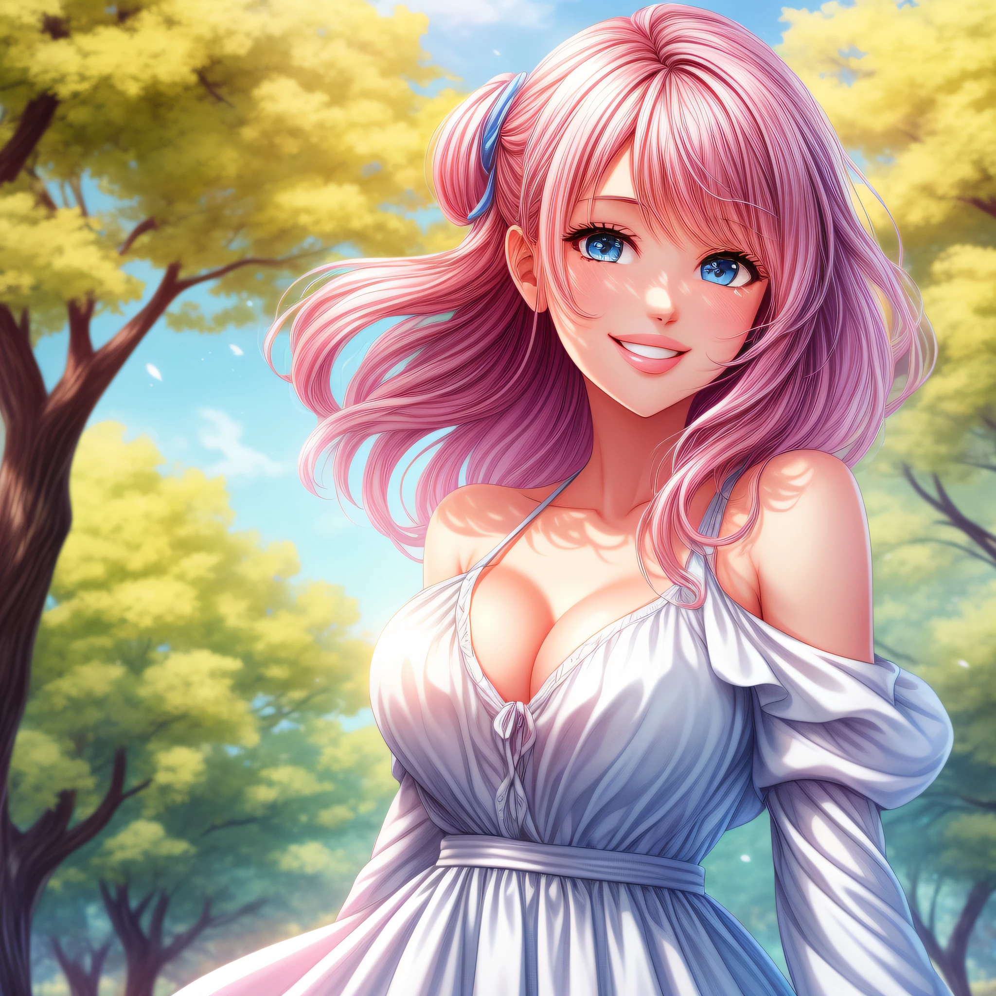 bust art of a cute girl, 1girl, c-cup breasts, shoulder length pink hair, straight hair, (dark blue eyes), (light blue long sleeve shirt), (white flowy dress), park scenery, cute face, beautiful smile, full lips, pink lipstick, glossy lips, cowboy shot, detailed lips, romantic date, hair blowing in the wind