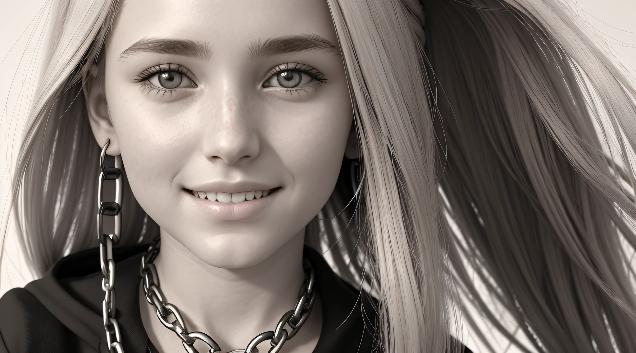  girl, blonde long haired, close up, holding a chain with a smile on her face, in black and white, B&W photo, black and white portrait, Sofya Emelenko, black and white portrait, ((chains)), she is about 1 6 years old, old, black oto, inspired by Irakli Nadar, Nika Maisuradze