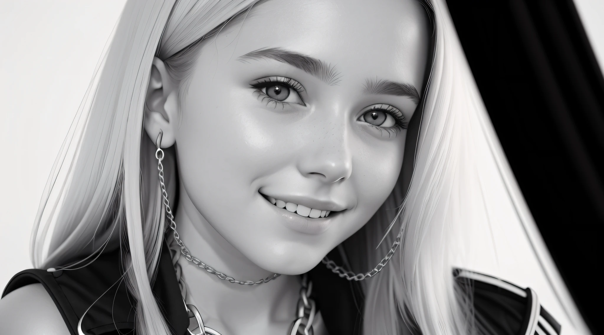 12 year old girl, blonde long haired, close up, holding a chain with a smile on her face, in black and white, B&W photo, black and white portrait, Sofya Emelenko, black and white portrait, ((chains)), she is about 1 6 years old, 13 years old, black and white photo, inspired by Irakli Nadar, Nika Maisuradze