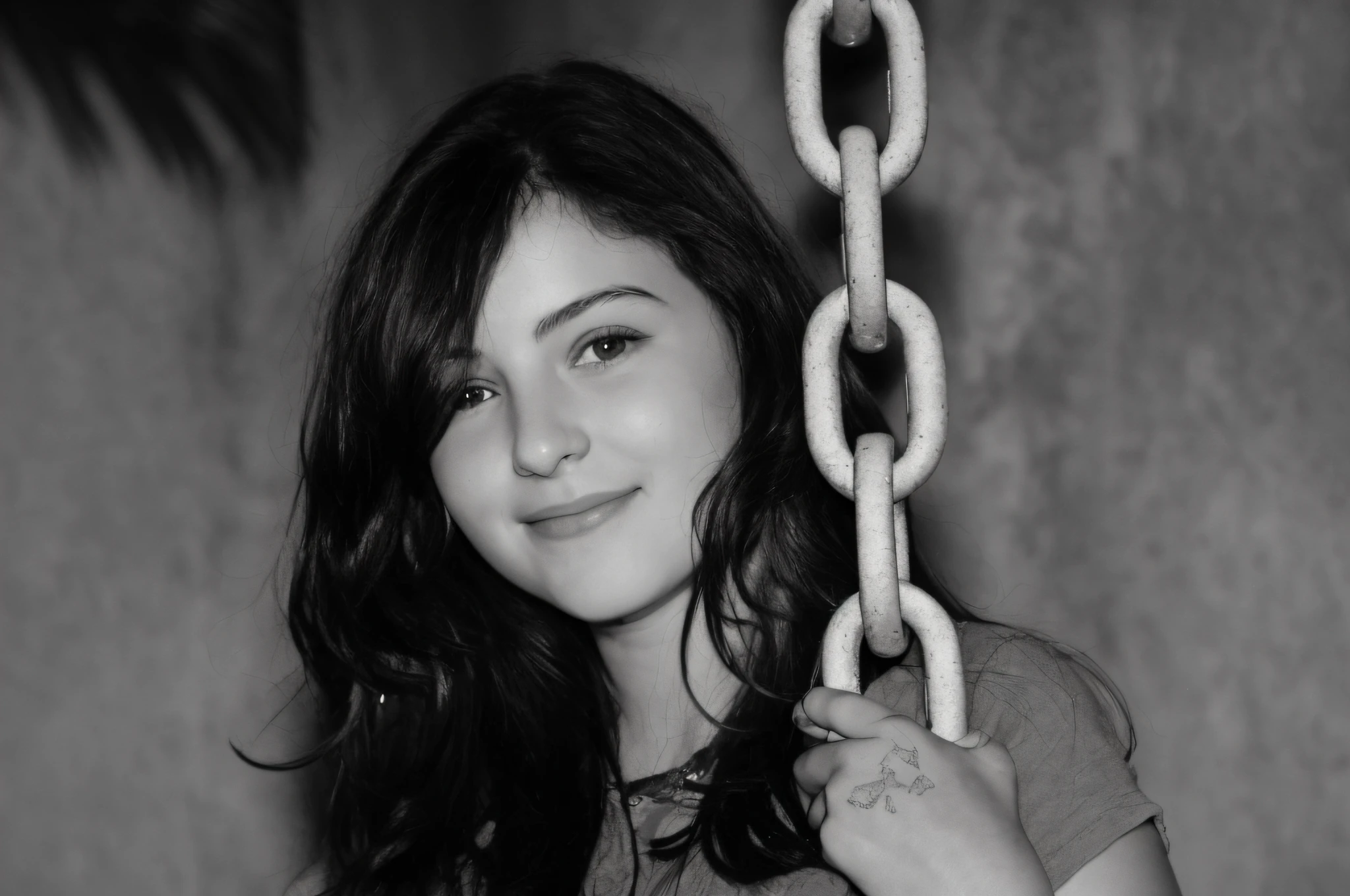 arafed woman holding a chain with a smile on her face, in black and white, b&w photo, portrait black and white, sofya emelenko, black and white portrait, ((chains)), she is about 1 6 years old, aged 13, black and white picture, inspired by irakli nadar, nika maisuradze