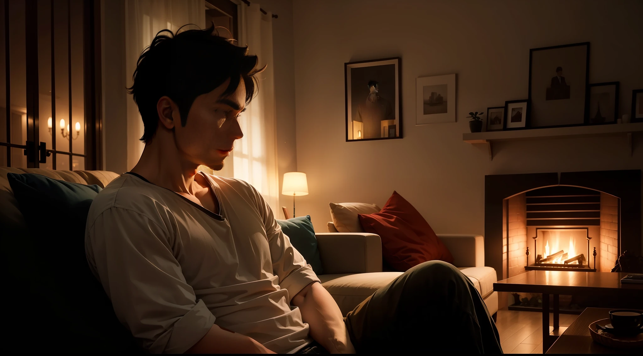 man alone at home in the living room, night outside, nostalgic, dim light illuminates the environment, an object in hand to be looked at closely)