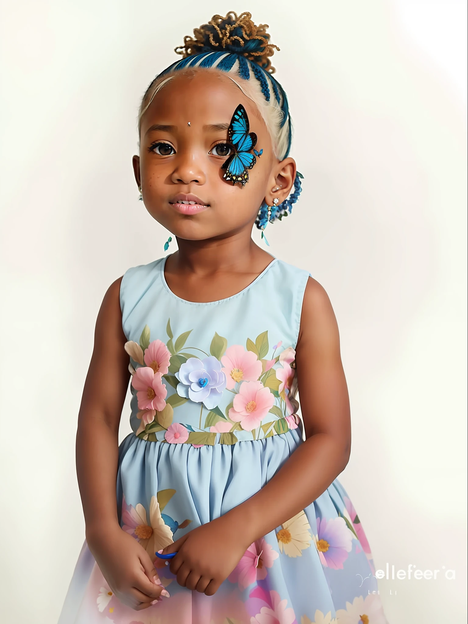 there is a young girl with a blue butterfly painted on her face,  girl with blue hair, light skinned african young girl, photoshopped, inspired by Sophia Beale, 4yr oldrrealism artstyle, 2 years old, blissa Joseph, hana alisa omer, detailed dress and face, hyperrealism mixed with 2 d, modelling