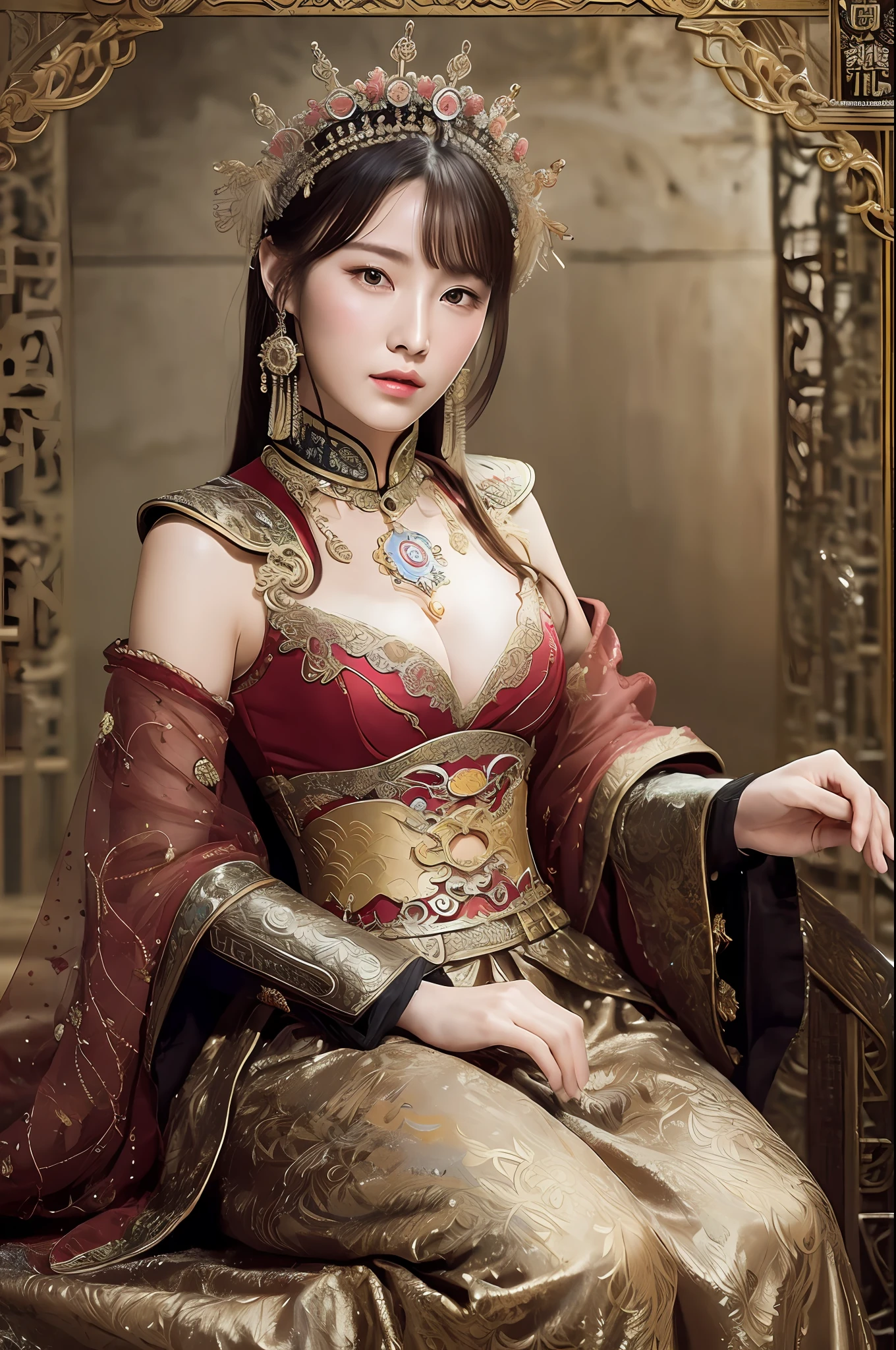 masterpiece, Best quality, Romance of the Three Kingdoms, Real,, 1girl, Solo, Simple background, Oriental, Beautiful-detailed brown eyes, Ultra detailed, disheveled hair, Detailed clothes, With bangs, Armoured dress, Confidence