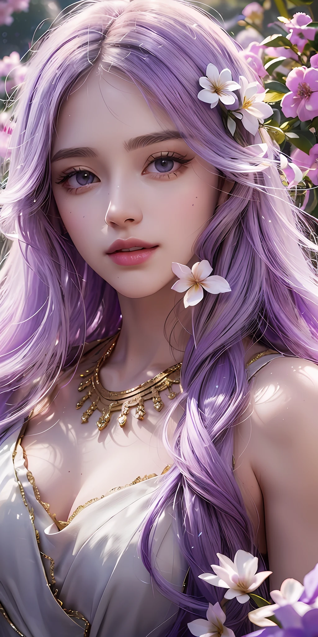 White long hair, translucent skin, single, beauty, face shadow, facial highlight, black eyes, drooping eyes, gradient eyes, long and seductive eyelashes, (rich colors), (delicate makeup), (smile), (sexy full mouth), eye light, (high-gloss eye shadow), (fluffy straight hair), delicate face portrayal, film light effects, layers, 18k, master masterpiece, extreme details, rich colors, (hair decorated with purple flowers) (wearing a white long dress), ( The background is an ancient shrine full of purple flowers), with purple flowers on her wrist (a golden light hit her), peerless beauty, detailed description of hair, thick eyelashes, delicate light and shadow, straight and small nose, eye description, (messy hair), golden ratio facial features, HD, luminescence, 8k resolution, super high resolution, higher quality, purple flowers, temple, sunlight, --niji 5