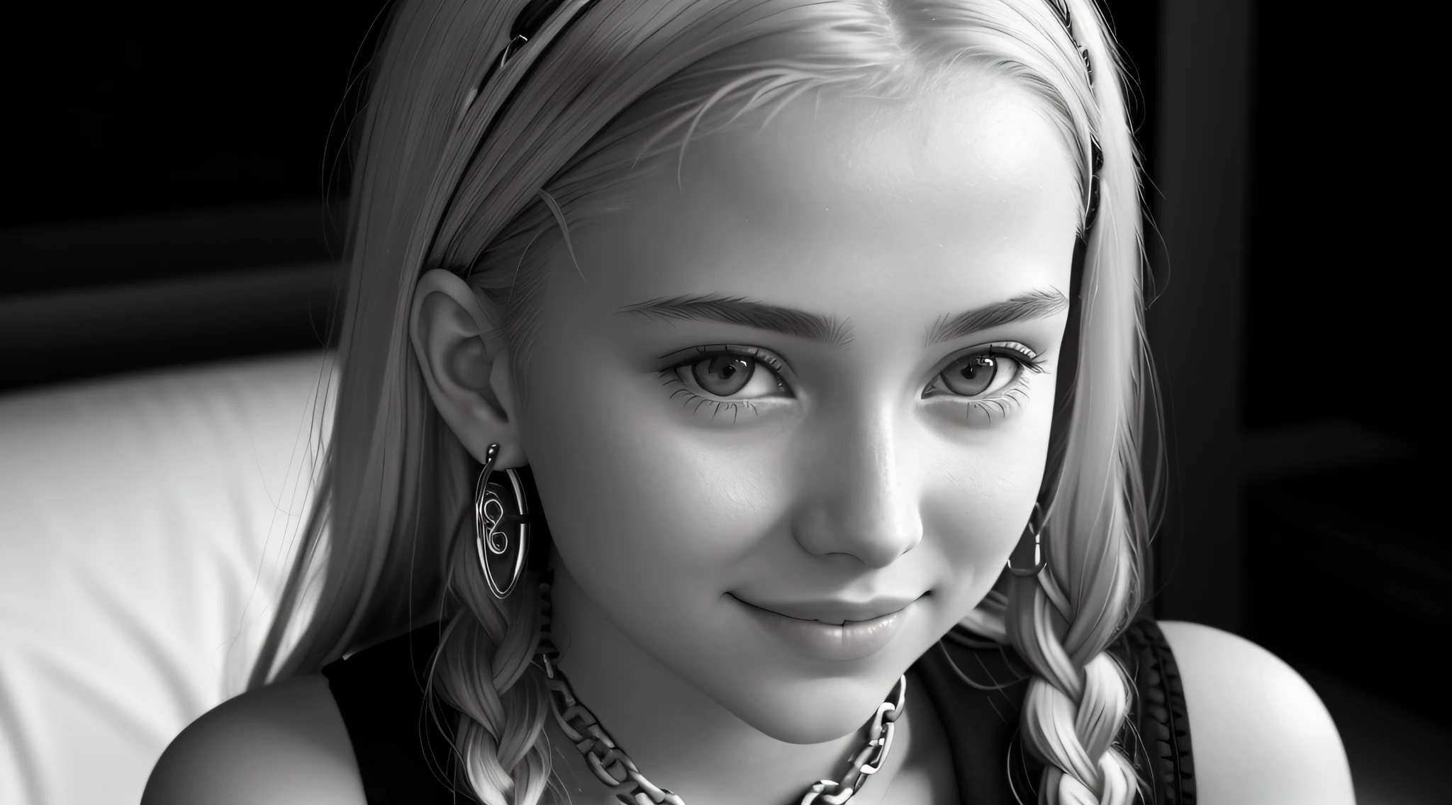12 year old girl, blonde long hair of braids, close up, holding a chain with a smile on her face, in black and white, B&W photo, black and white portrait, Sofya Emelenko, black and white portrait, ((chains)), she is about 1 6 years old, 13 years old, black and white photo, inspired by Irakli Nadar, Nika Maisuradze